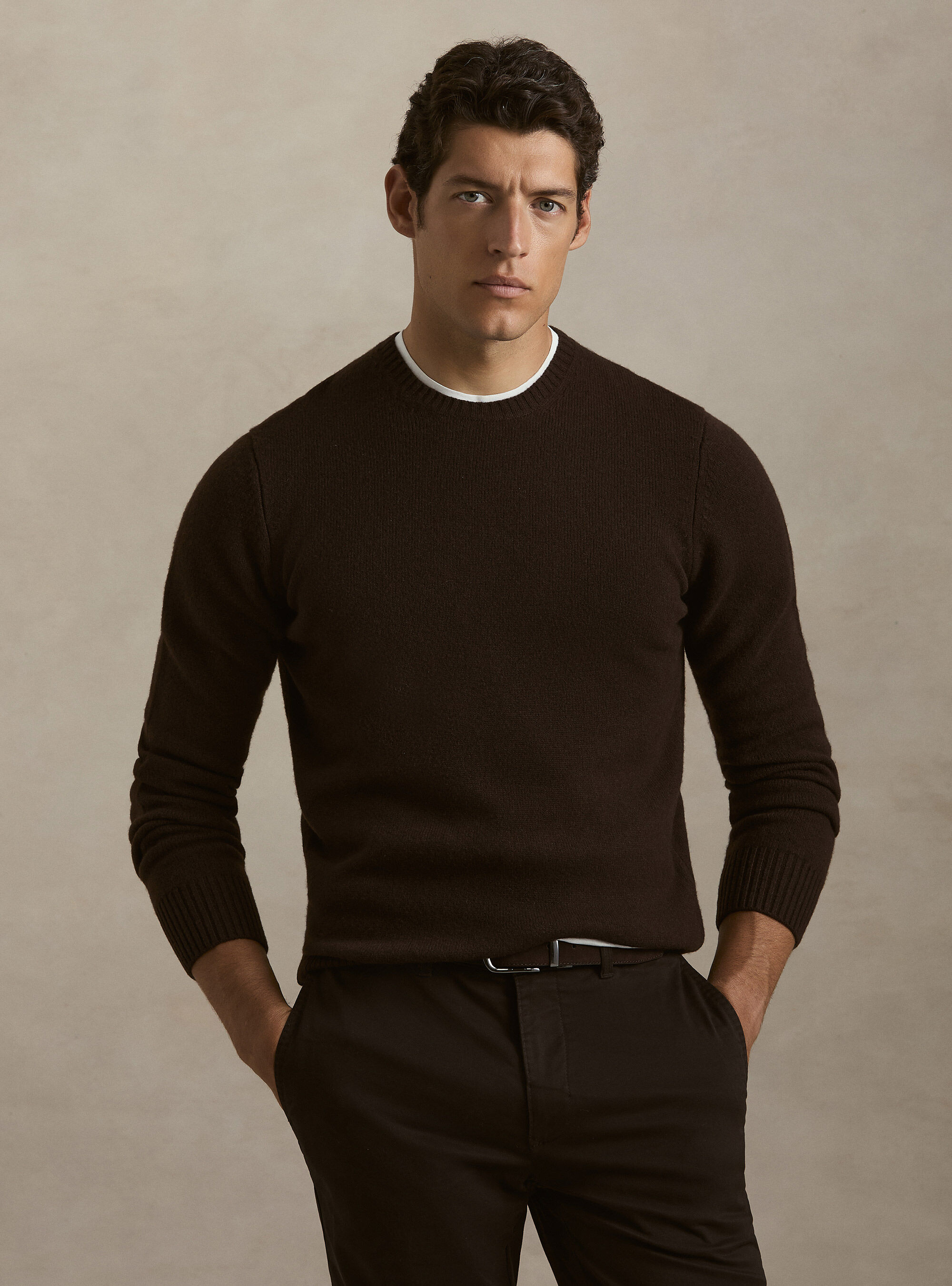 Maglia girocollo in misto lana e cashmere, MARRONE