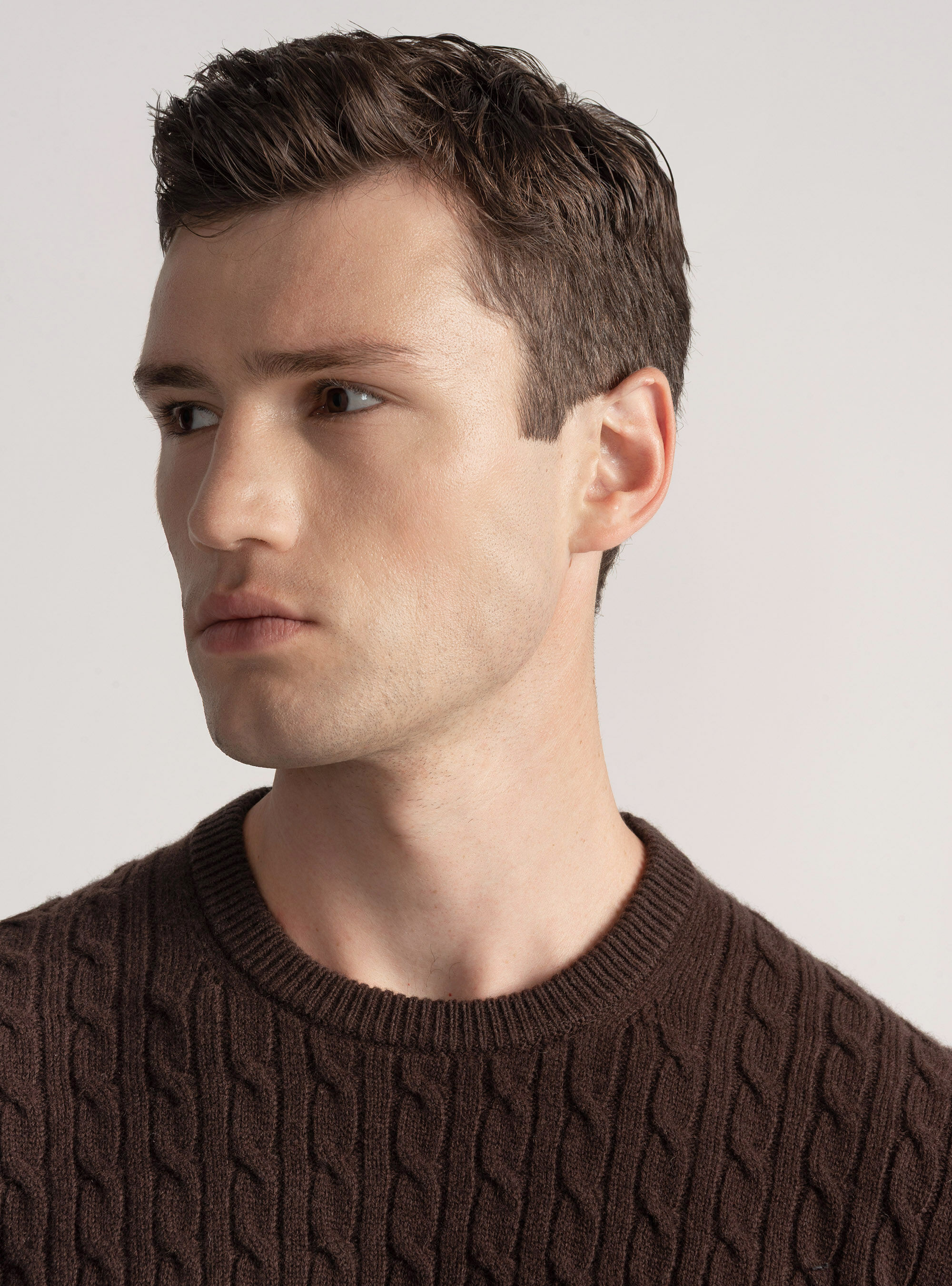 Maglia girocollo con treccia in lana e cashmere, MARRONE