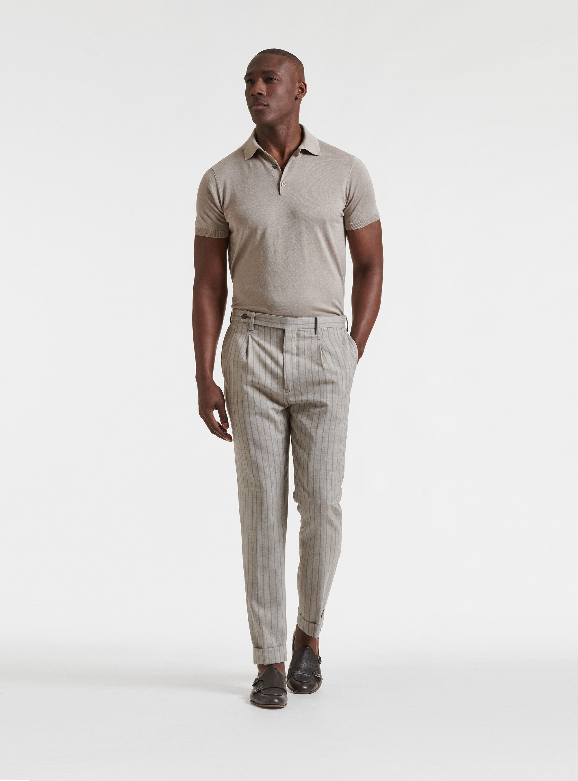 Pantaloni con doppia pince in pura lana rigata, SABBIA