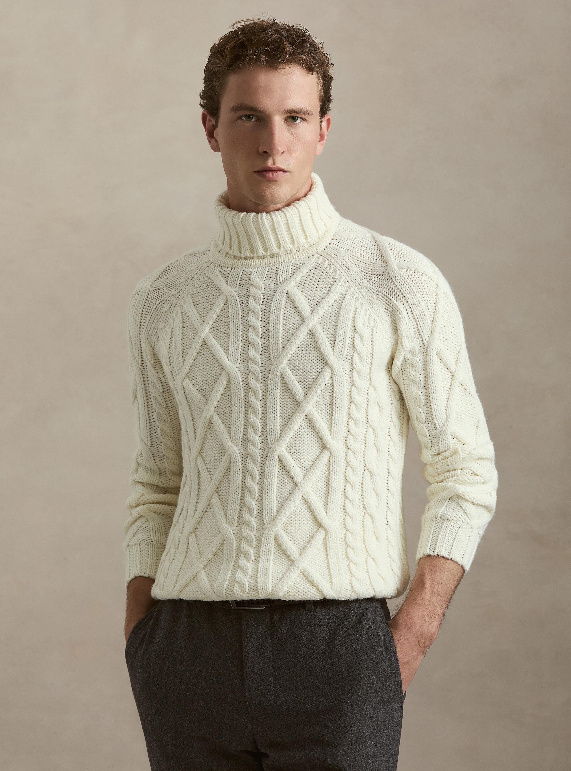 Cable Knit Wool Blend Turtleneck, WHITE