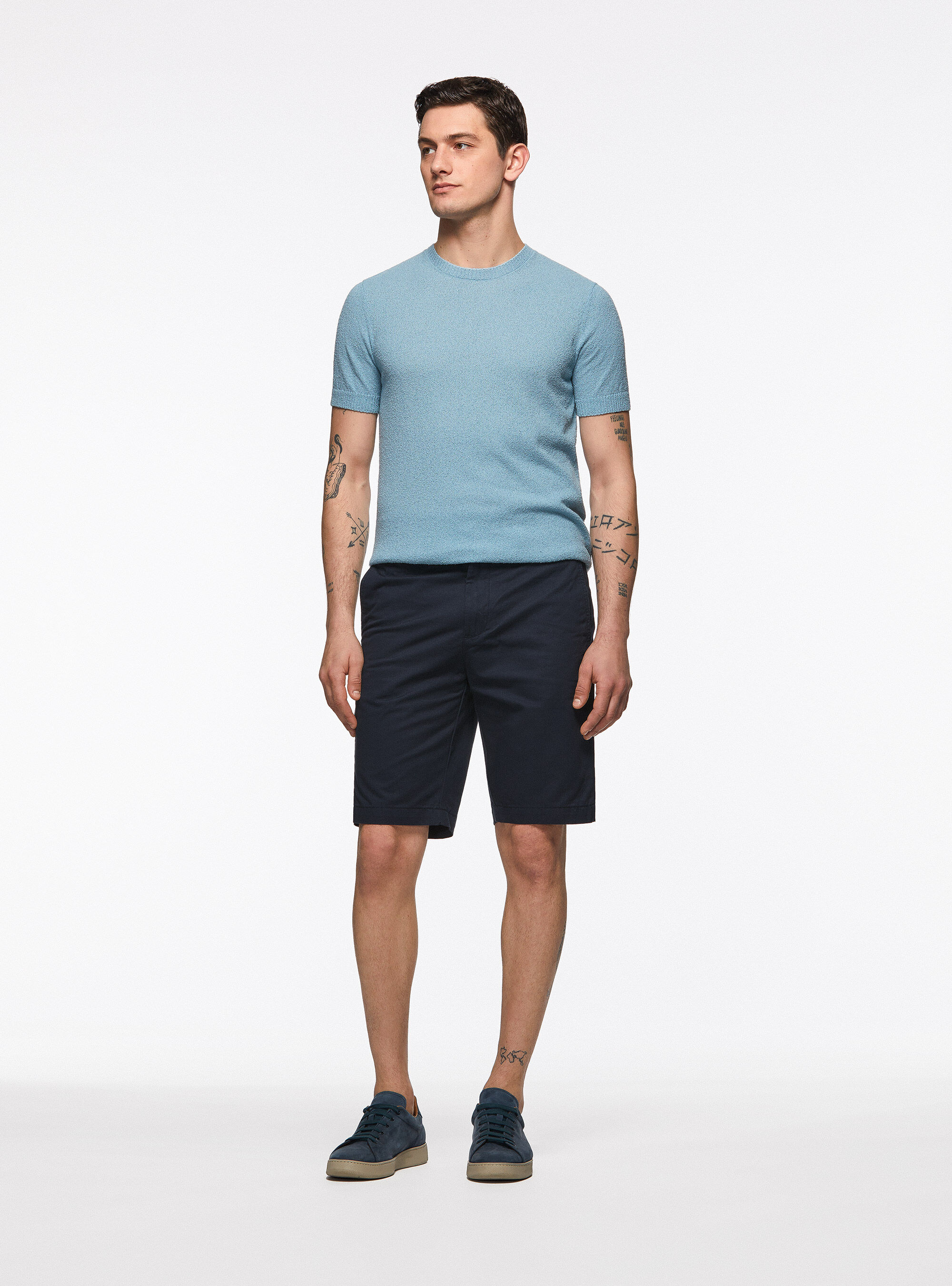 Maglia girocollo in misto cotone boucl&egrave;, AZZURRO