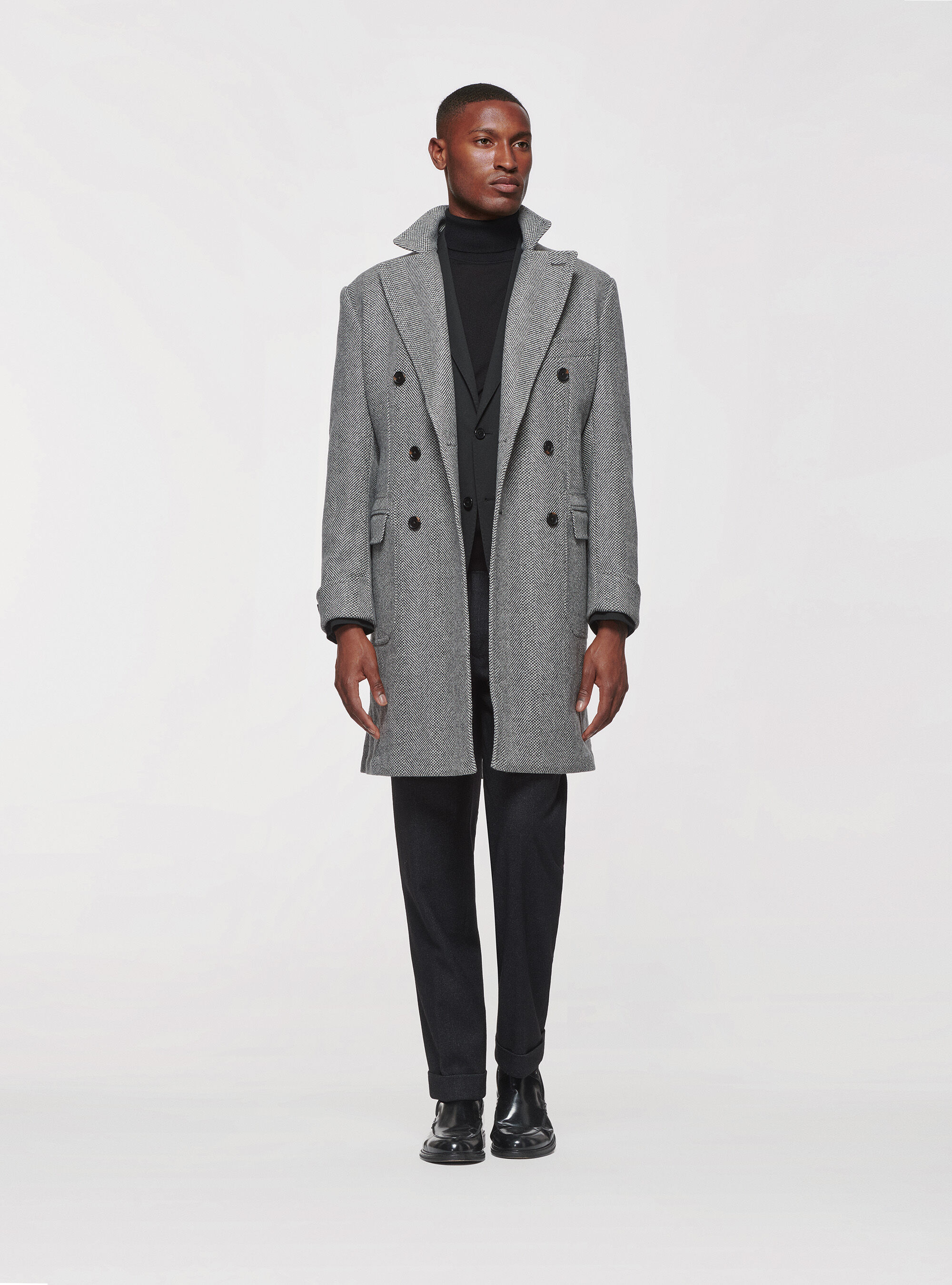 Double-breasted coat in herringbone wool blend, LIGHT GREY MELANGE