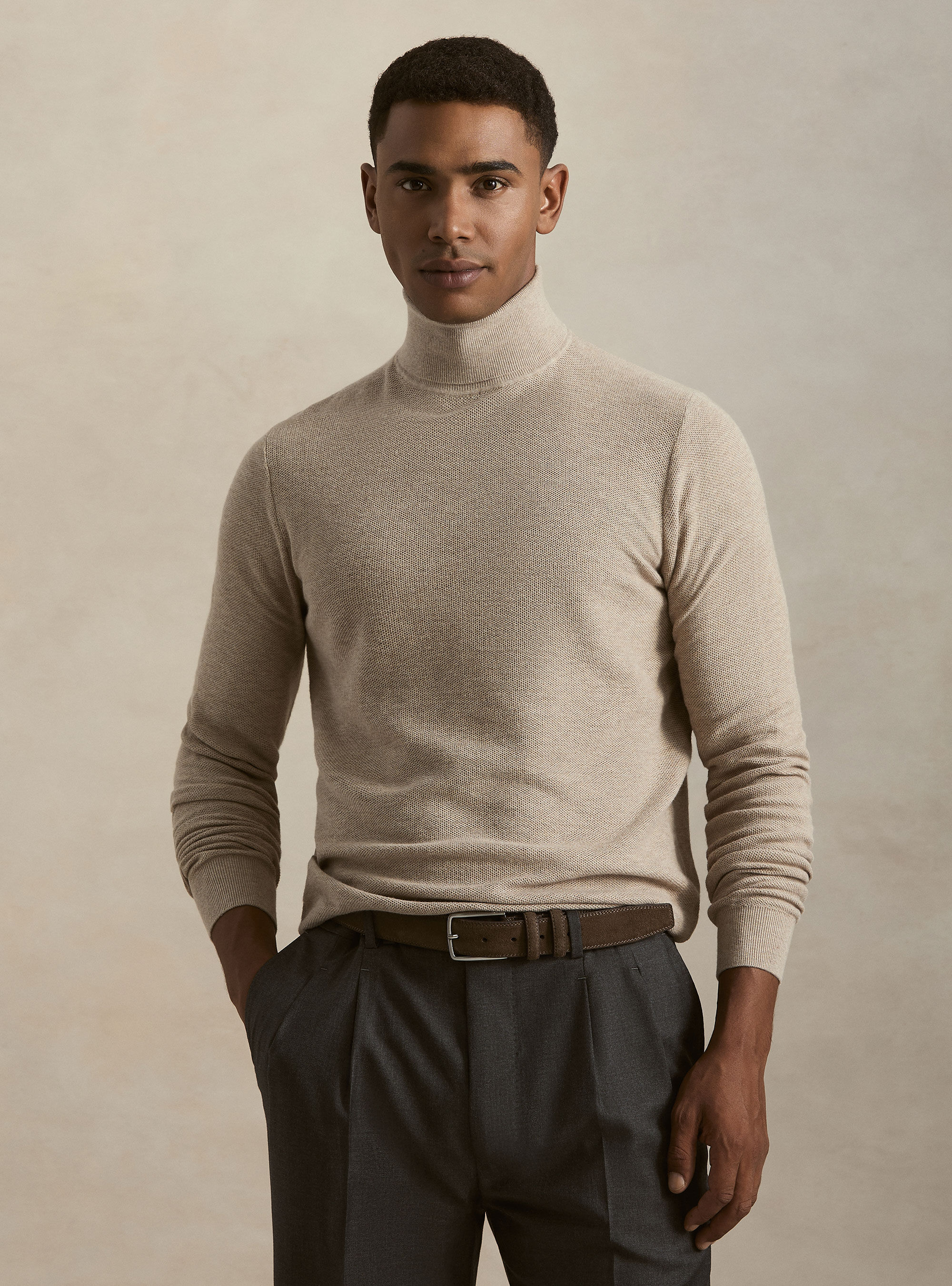 Honeycomb knit cotton-cashmere turtleneck