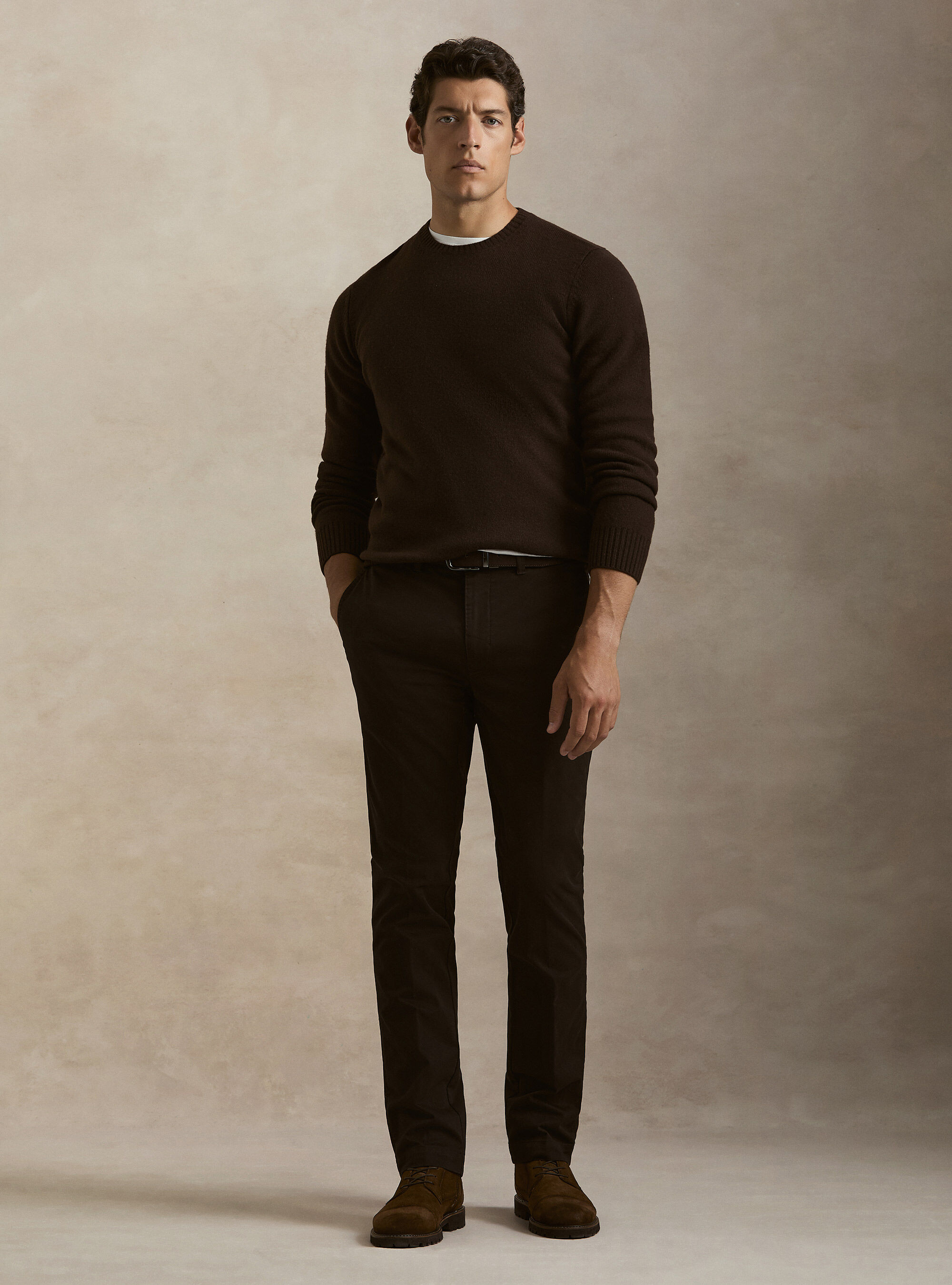 Maglia girocollo in misto lana e cashmere, MARRONE