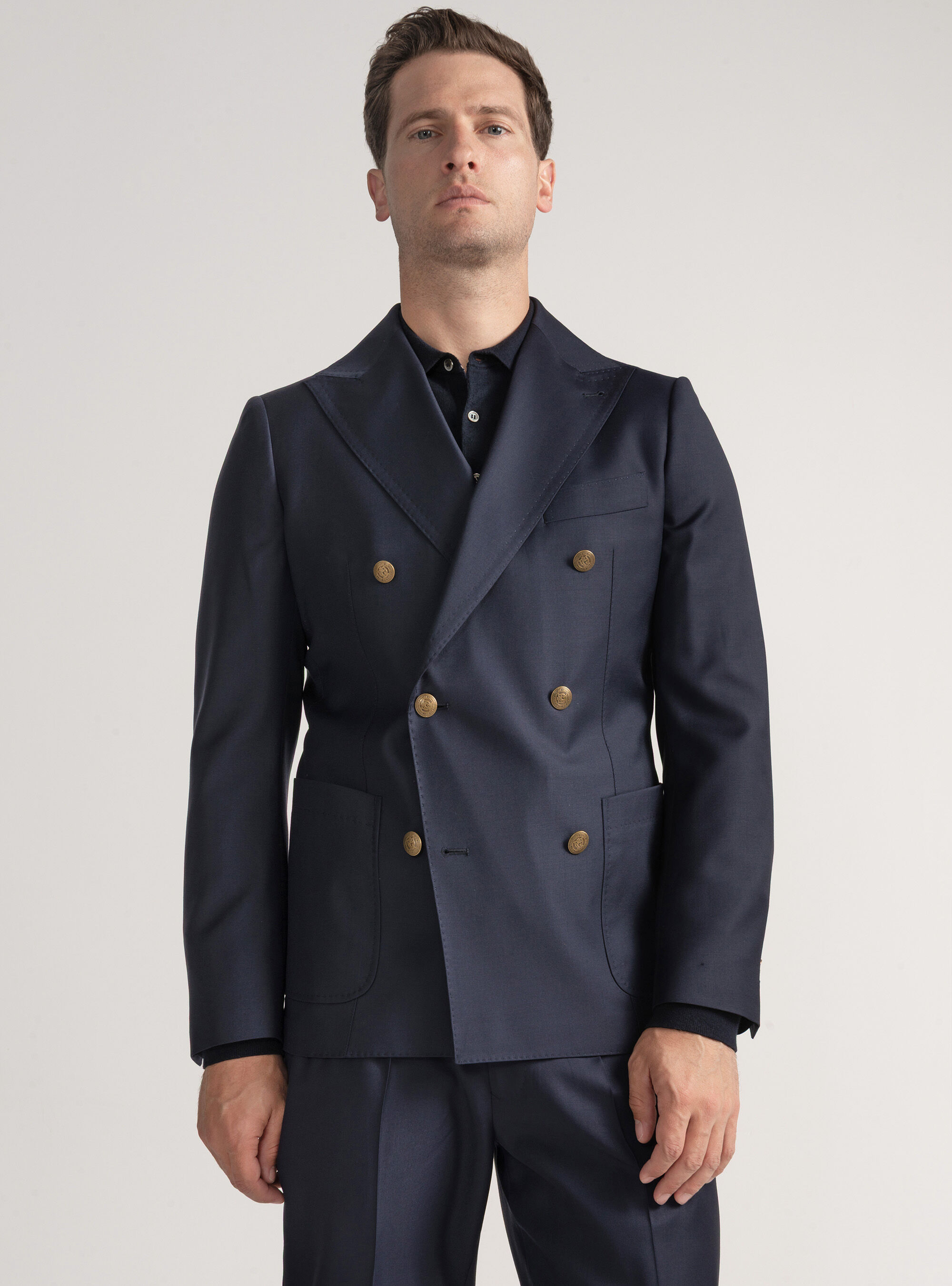 Giacca doppiopetto con bottone metallo in lana Vitale Barberis Canonico, BLU NAVY