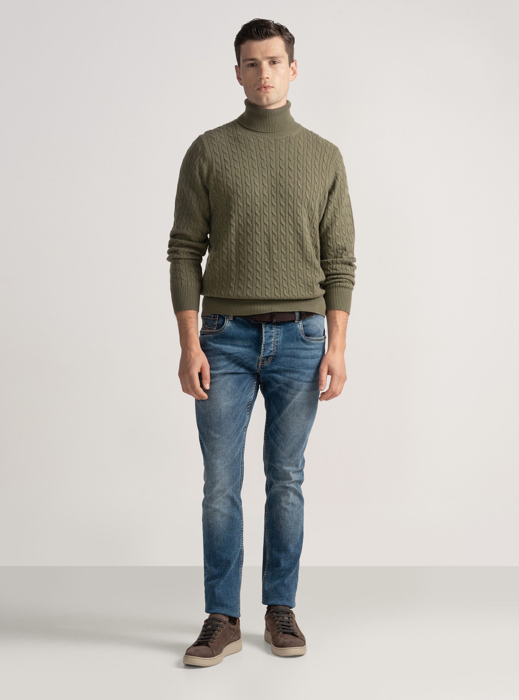 Maglia collo alto con treccia in lana cashmere, SALVIA 0602C