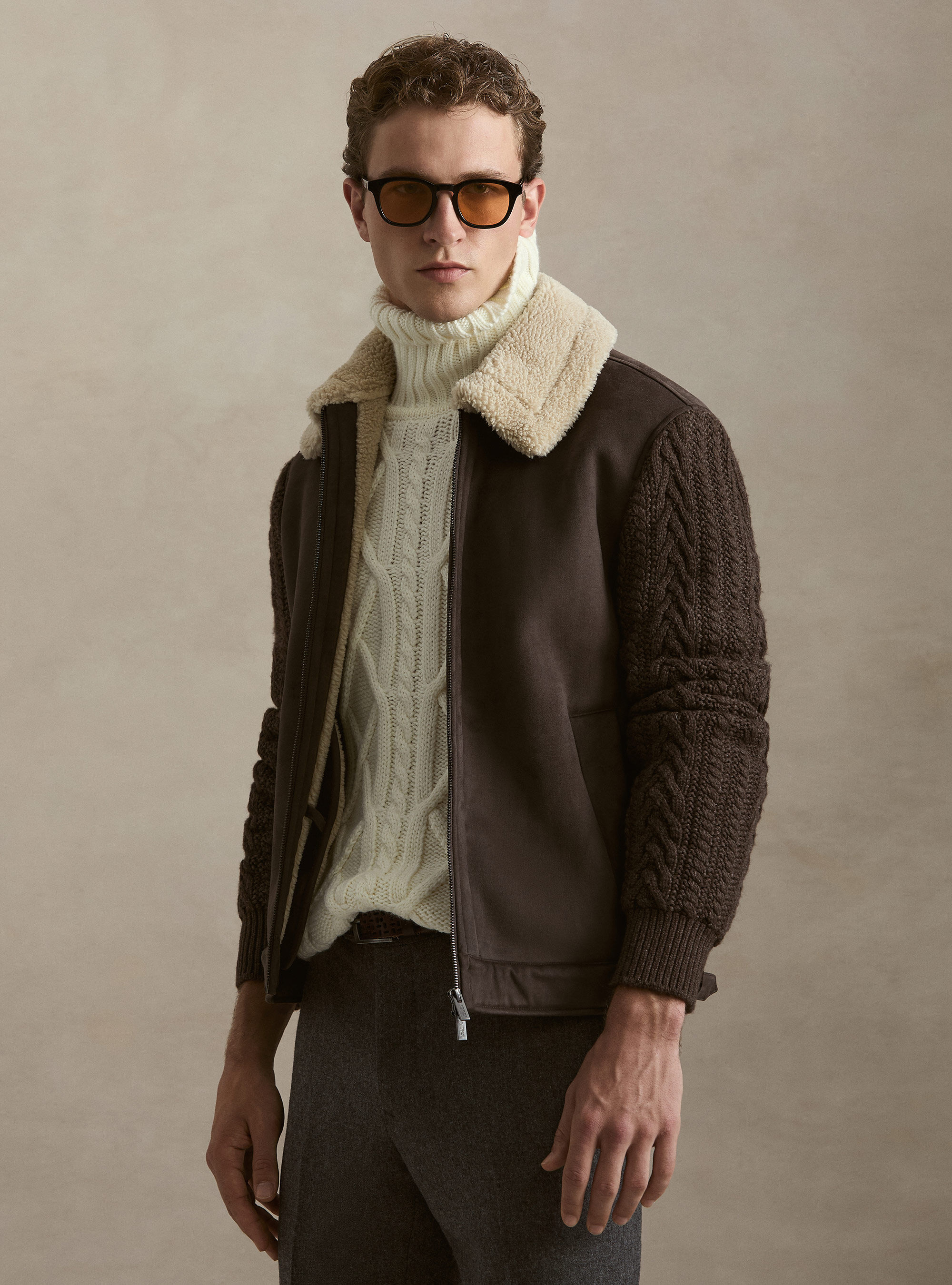 Montone effetto suede con maniche in maglia, MARRONE