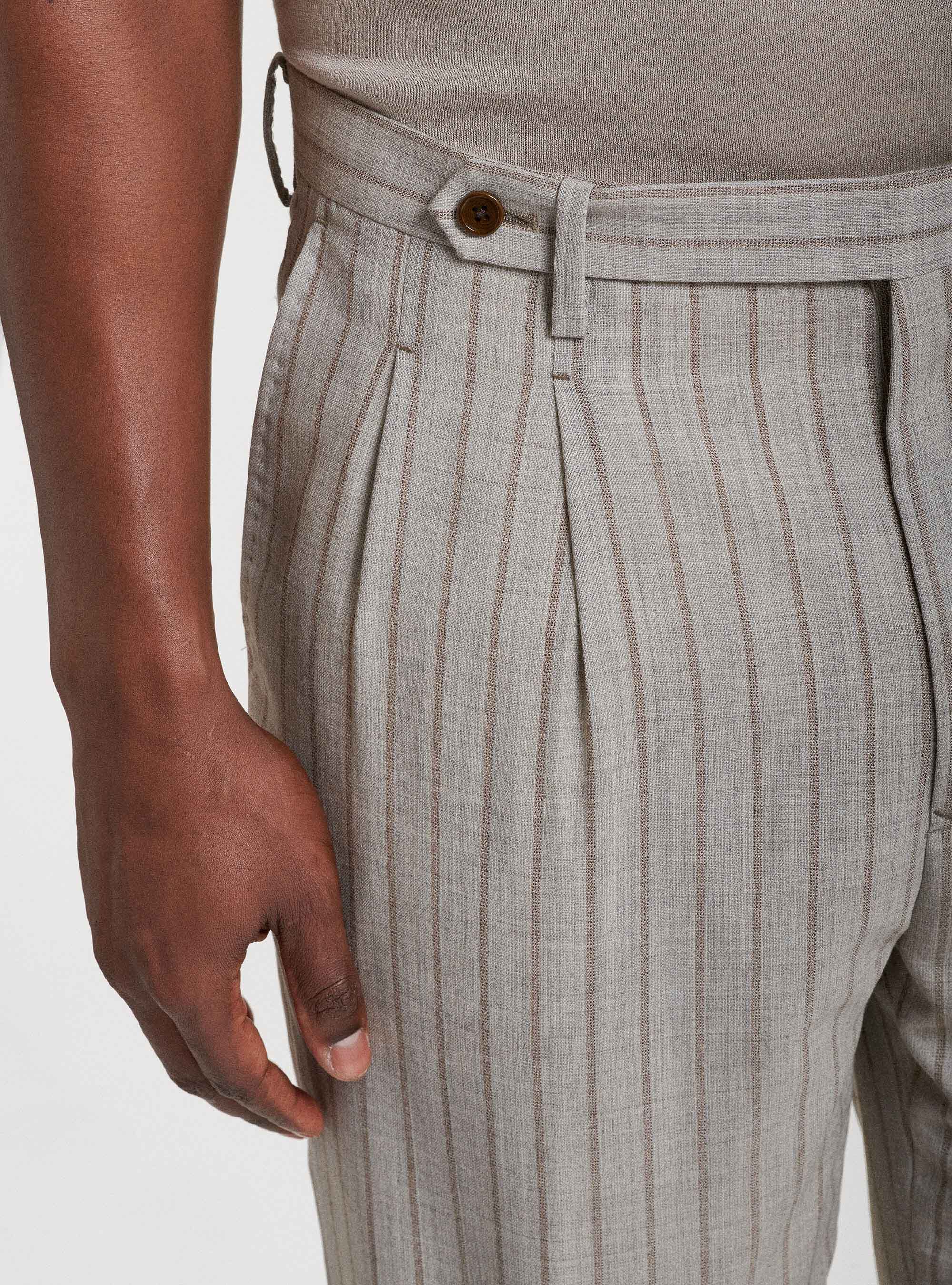 Pantaloni con doppia pince in pura lana rigata, SABBIA
