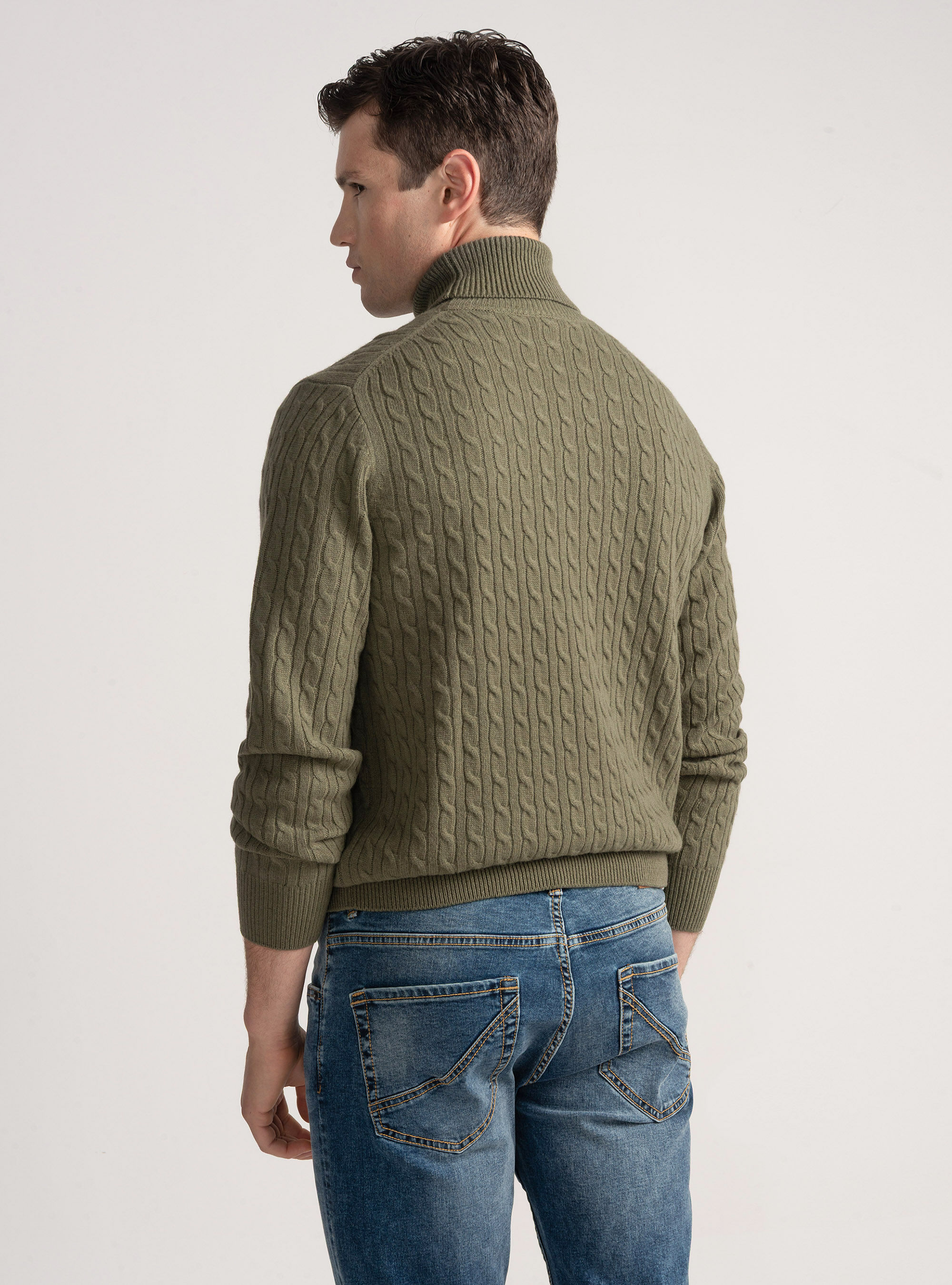 Maglia collo alto con treccia in lana cashmere, SALVIA 0602C