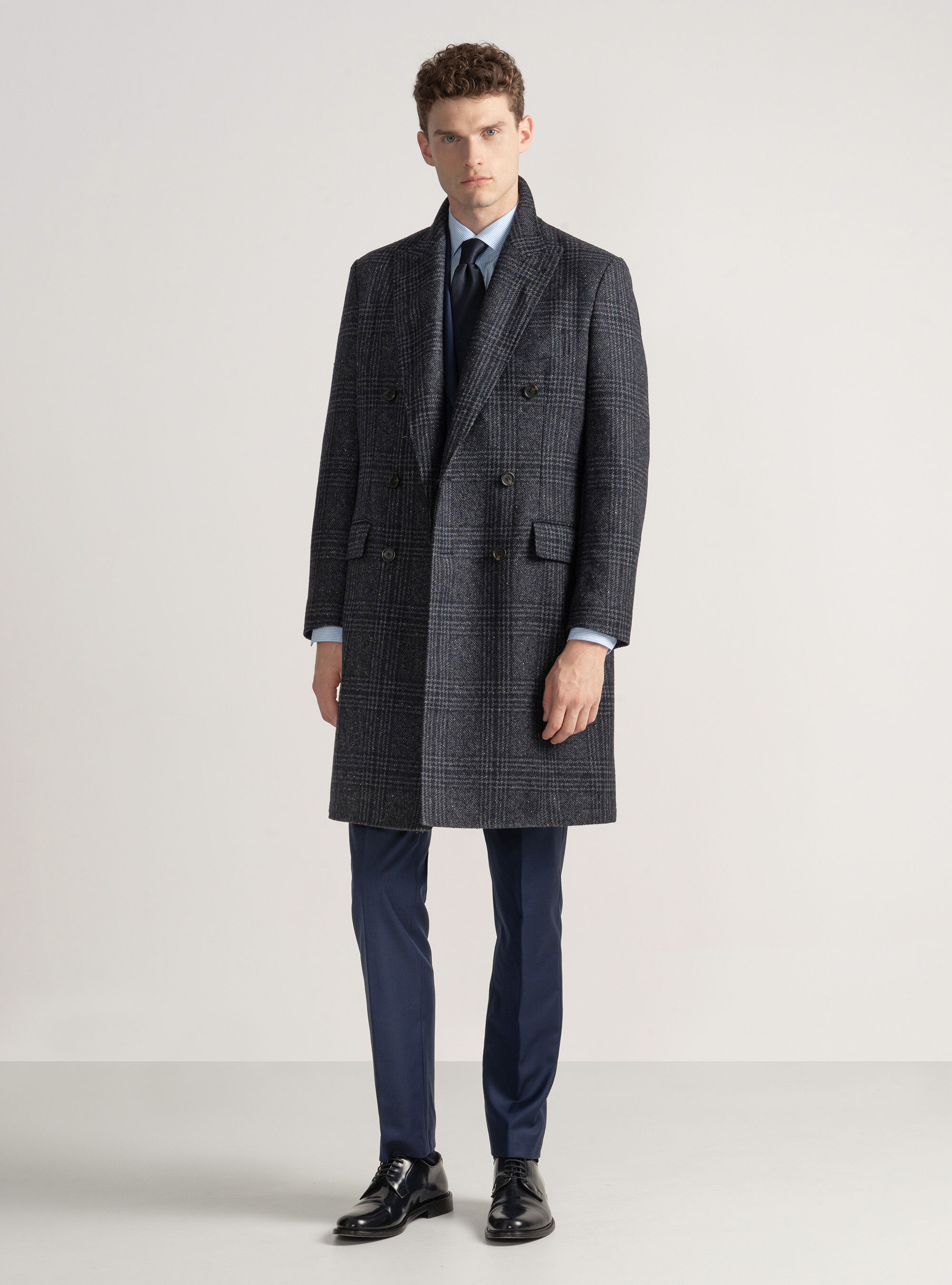 Cappotto doppiopetto fantasia in misto cashmere, BLU NAVY