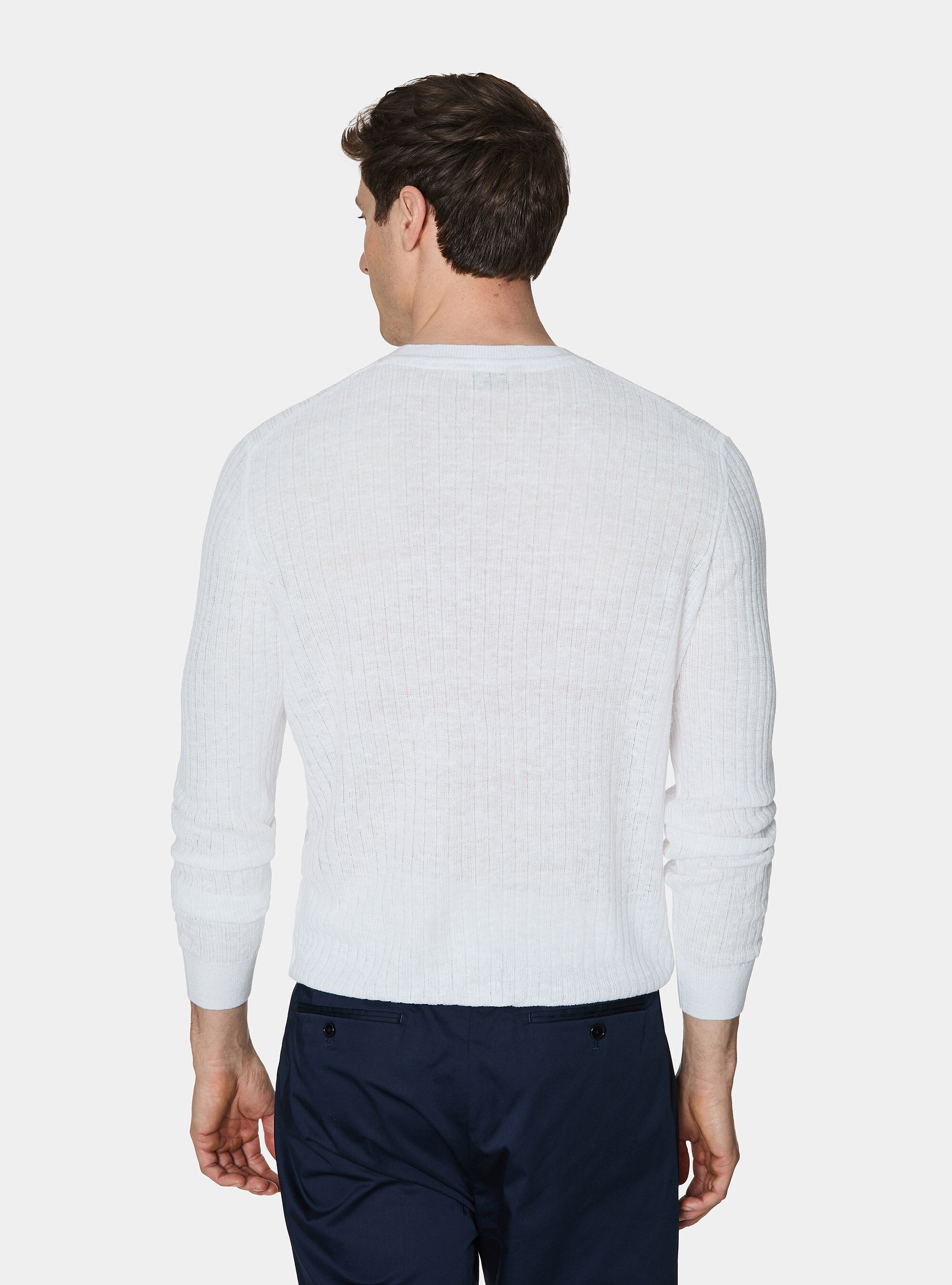 Pure linen ribbed crew neck sweater, WHITE