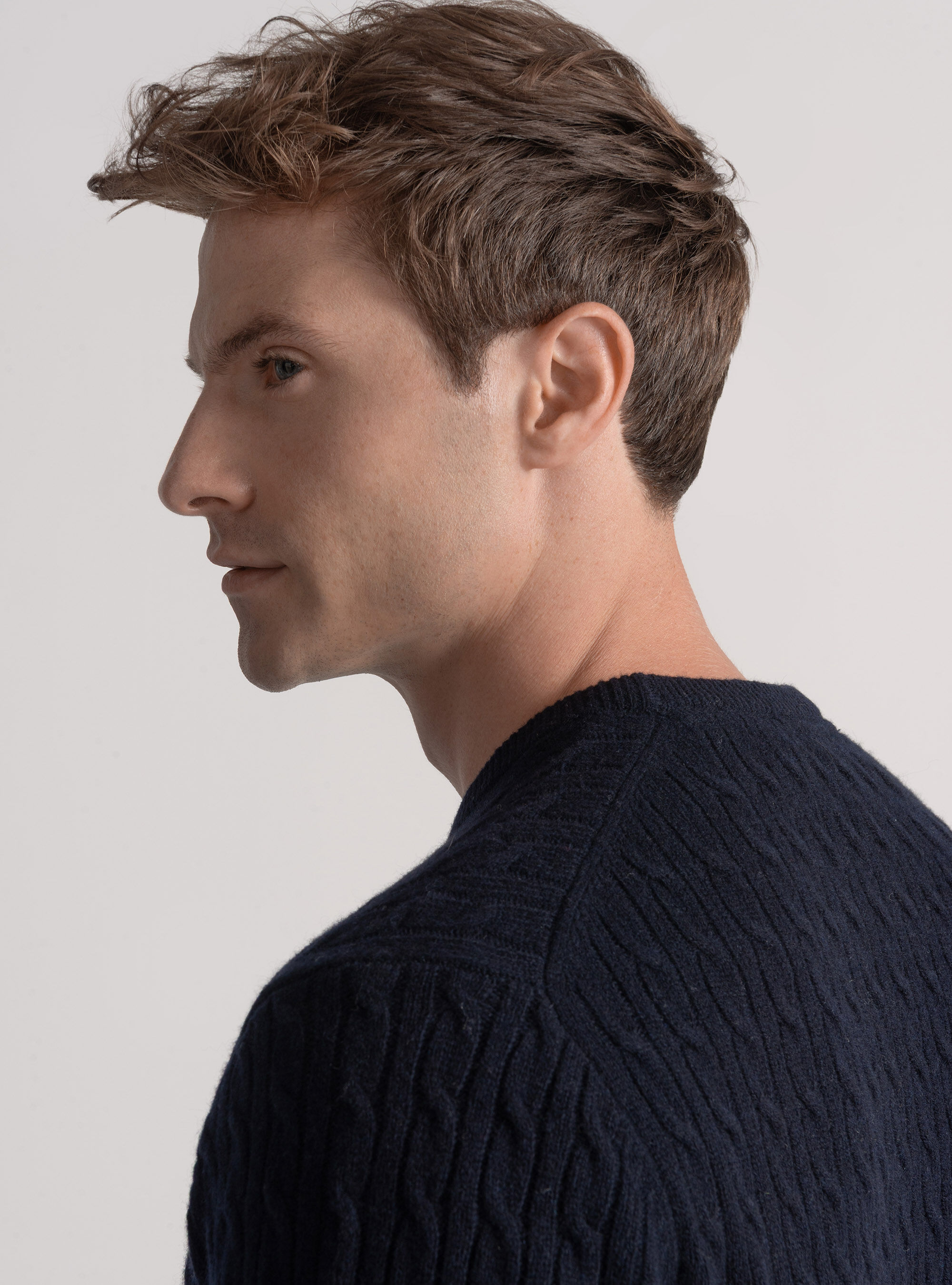 Maglia girocollo con treccia in lana e cashmere, BLU NAVY