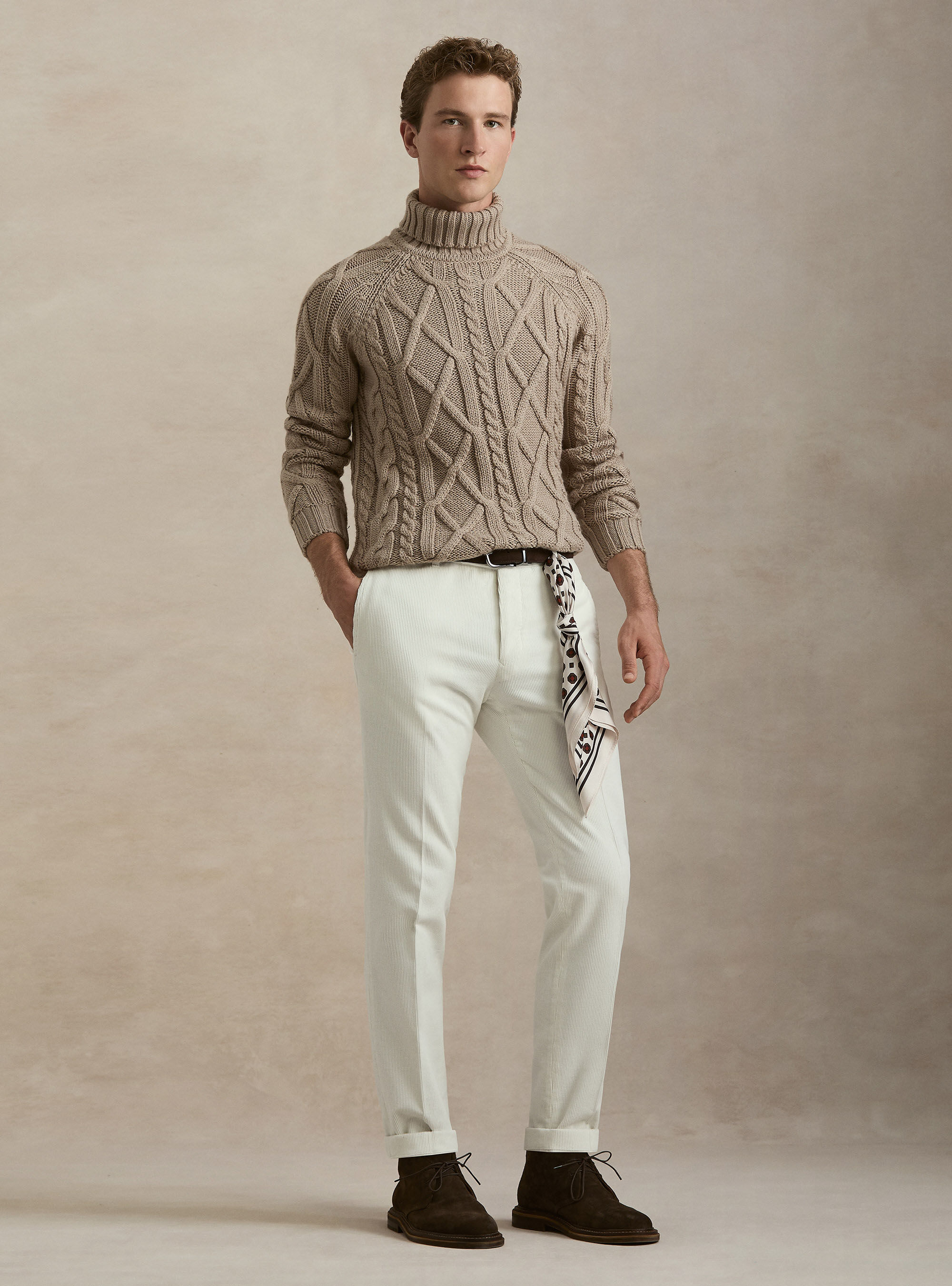 Cable Knit Wool Blend Turtleneck, SAND