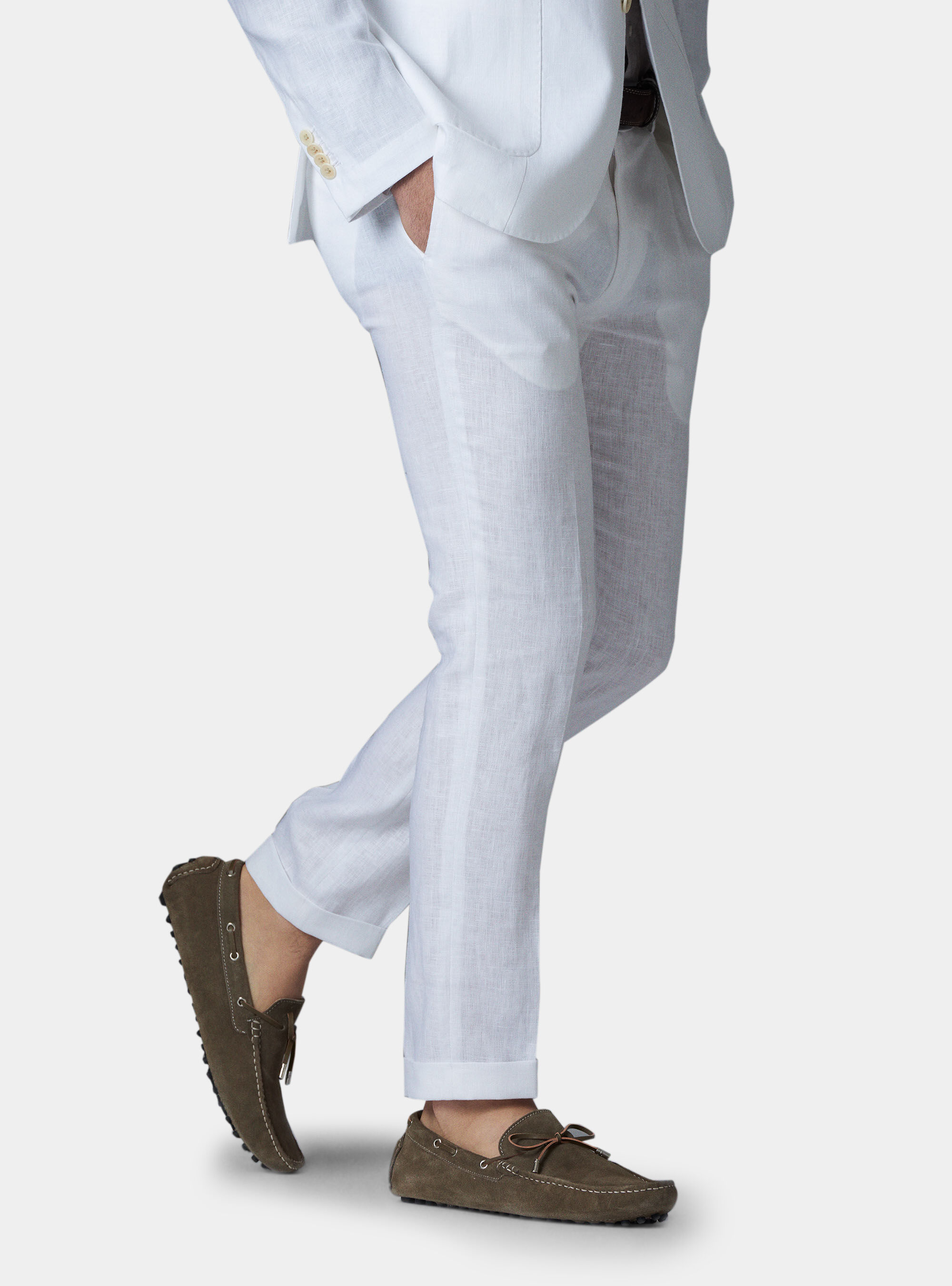 Pantalone con pince per abito in lino ritorto, BIANCO