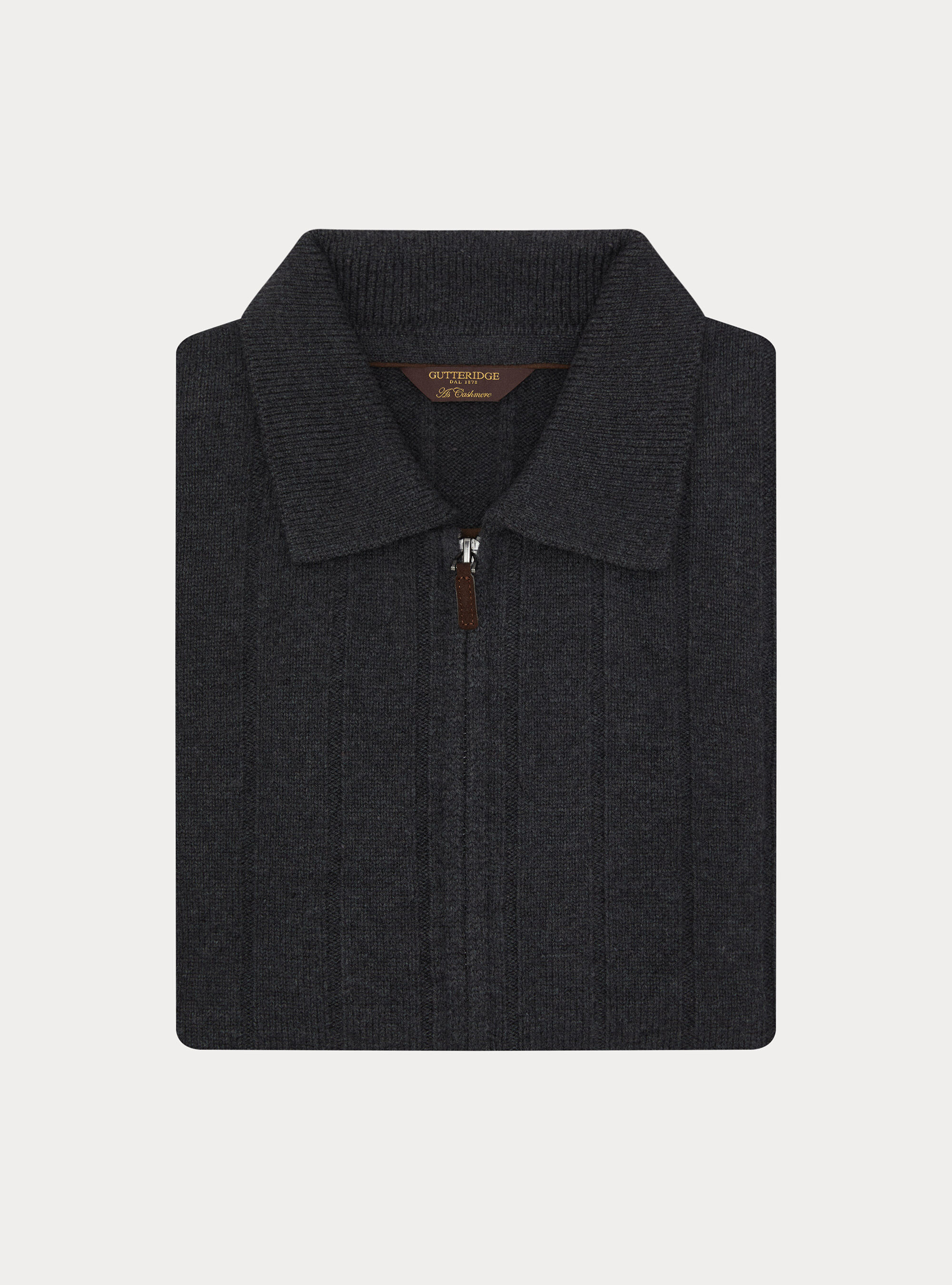 Maglia full zip con colletto in lana e cashmere a costa piatta, ASFALTO