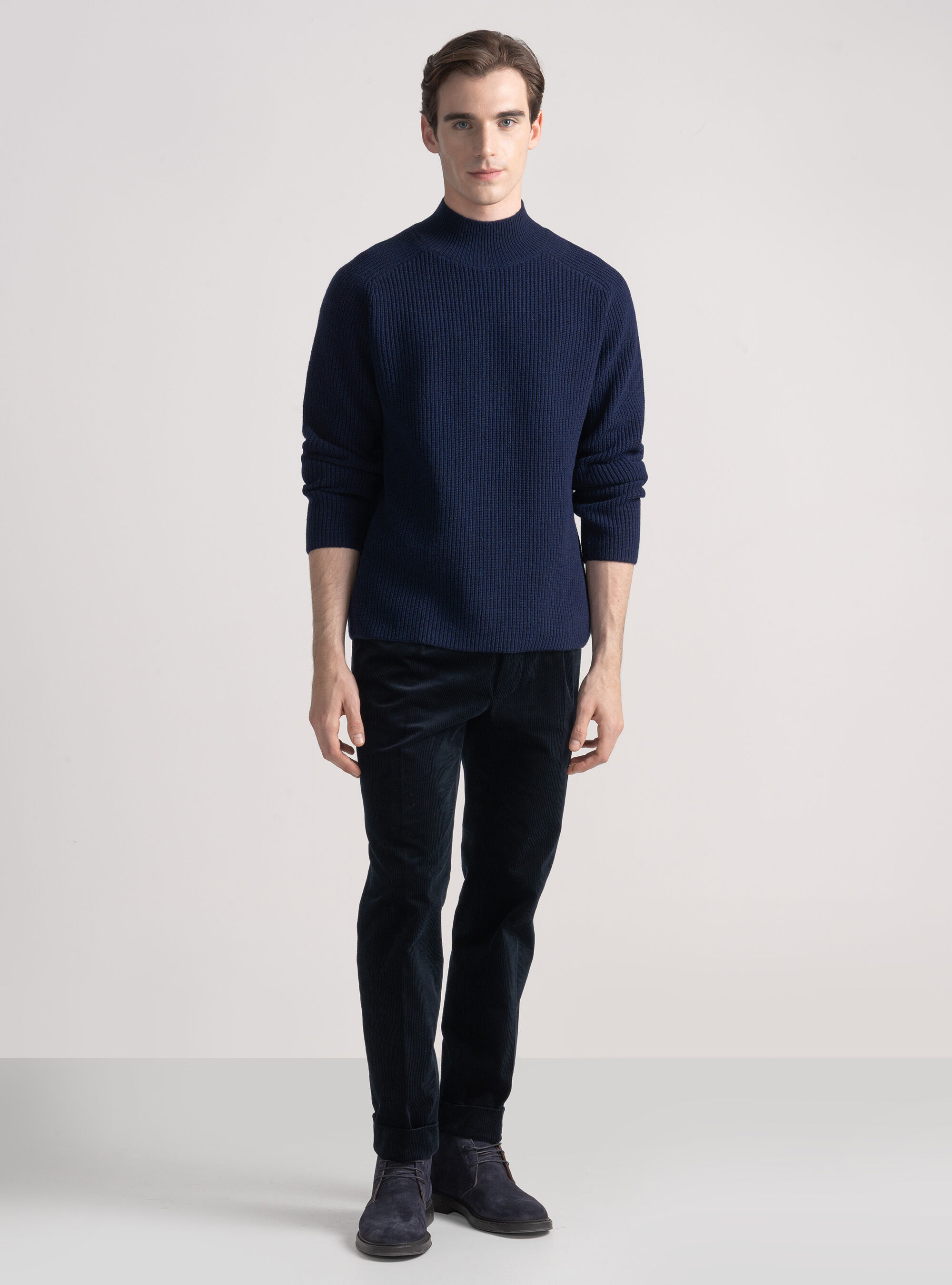Maglia lupetto in misto lana costa perlata, BLU NAVY
