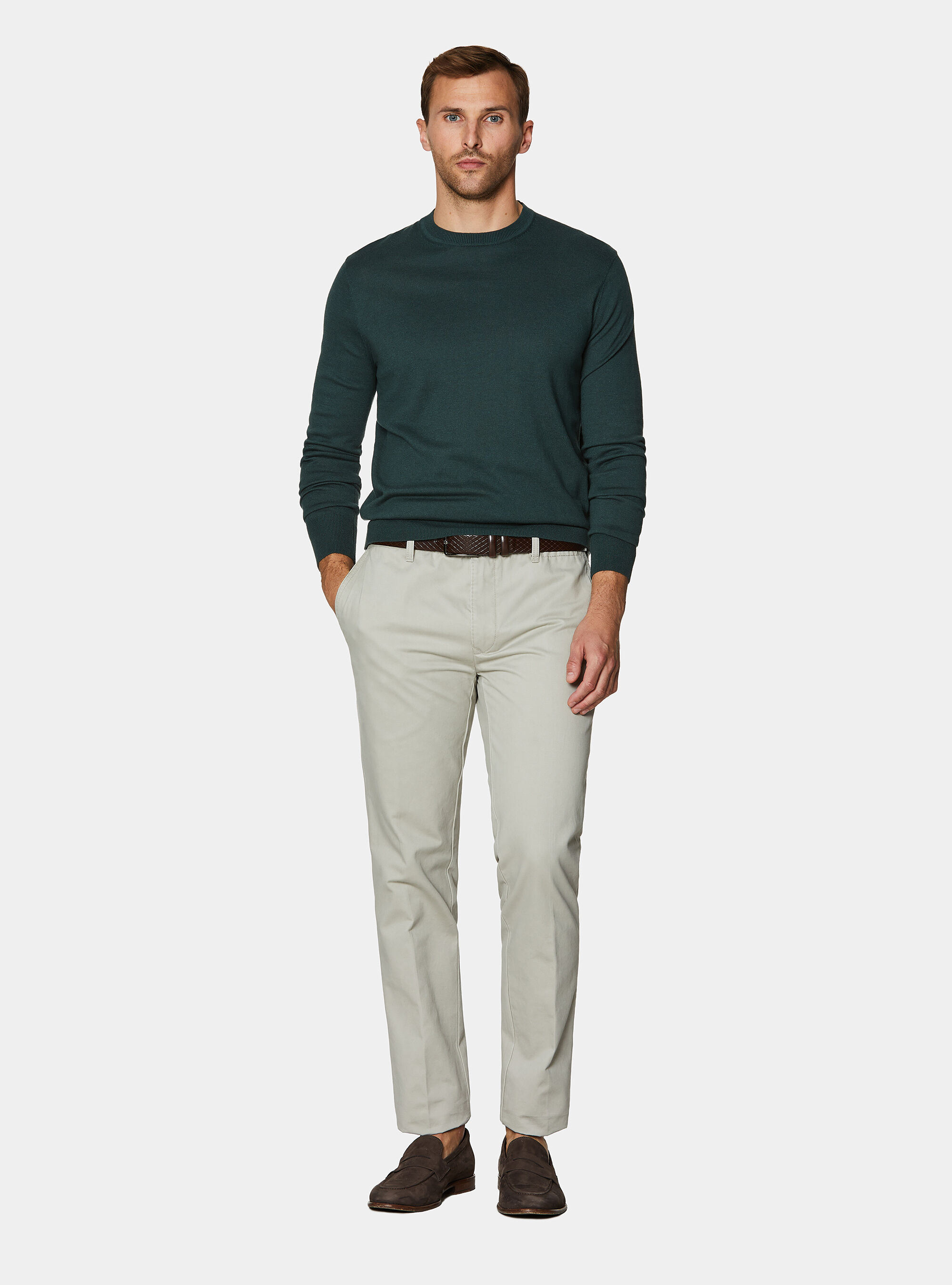 Maglia girocollo in cotone seta e cashmere, VERDE MUSCHIO 0615C