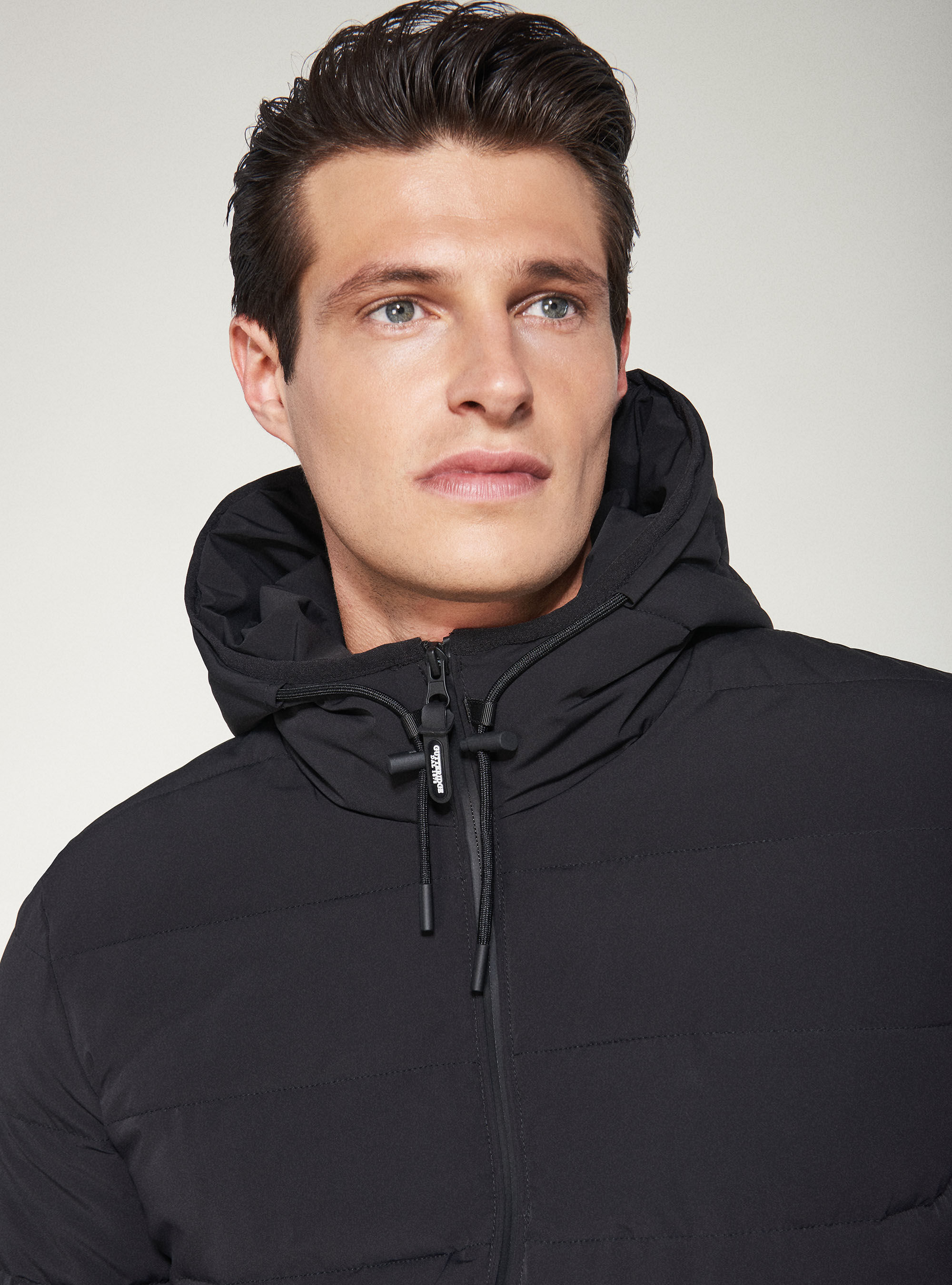 Bomber jacket in technical fabric with hood, BLACK