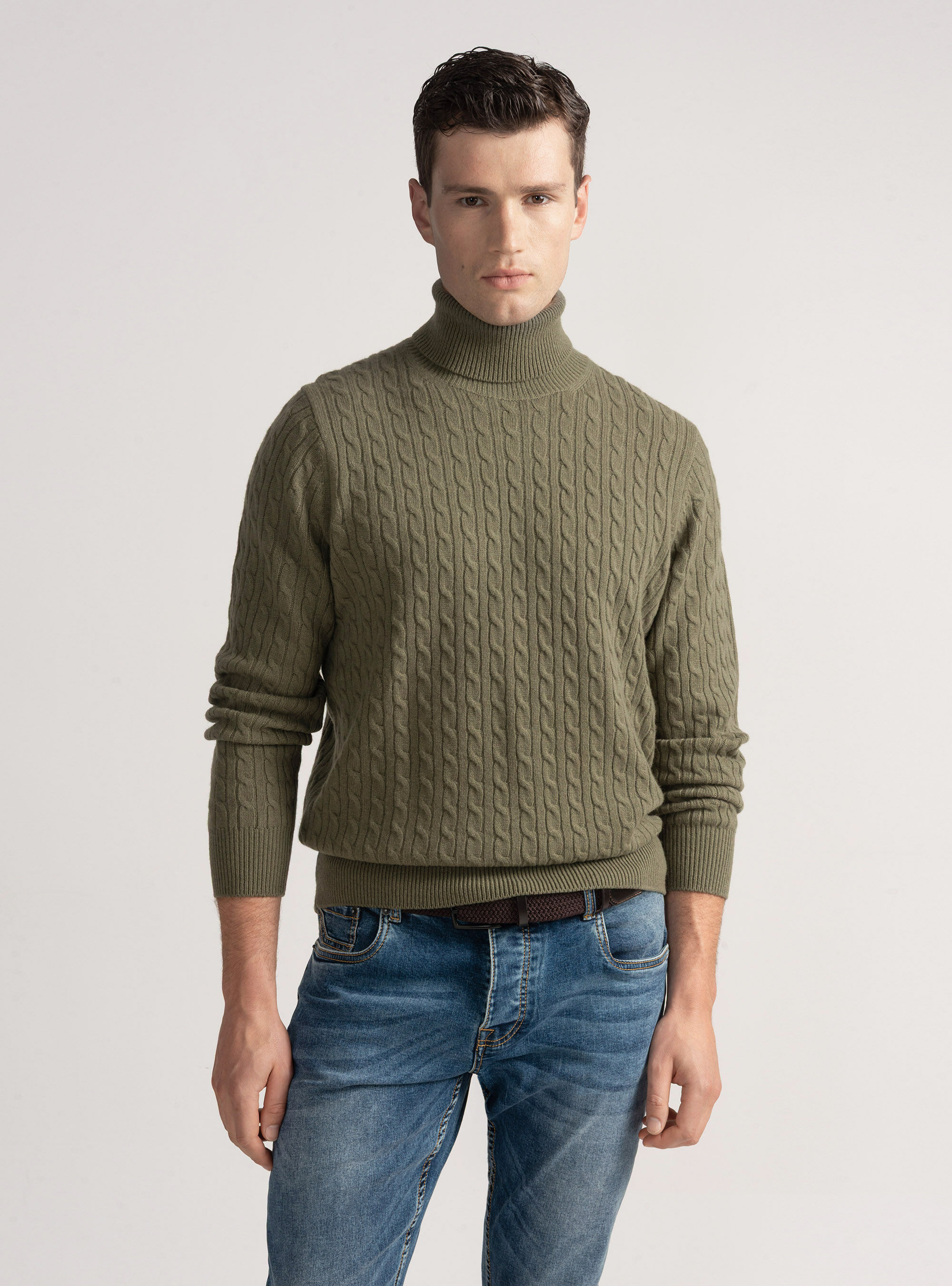 Maglia collo alto con treccia in lana cashmere, SALVIA 0602C
