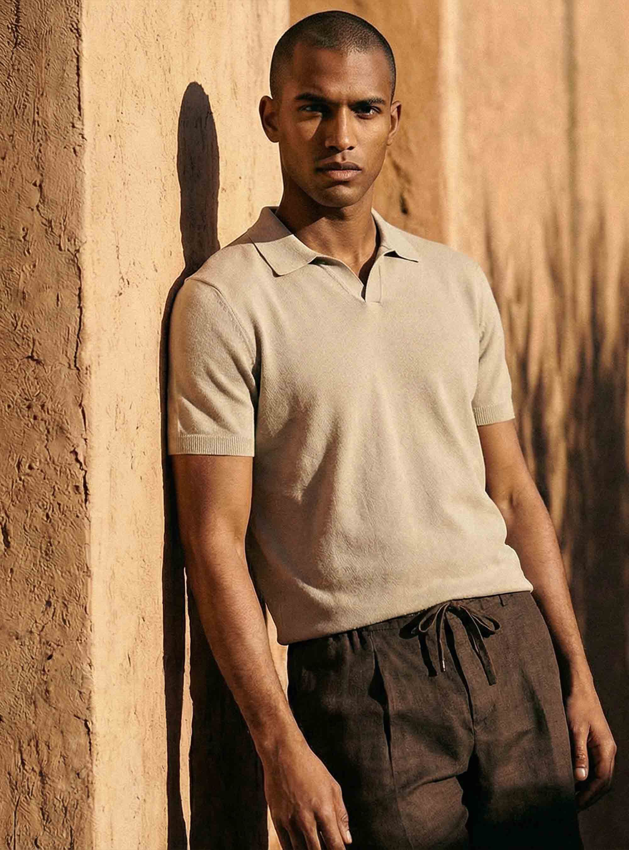 Knitted links polo shirt in extra-fine cotton, SAND