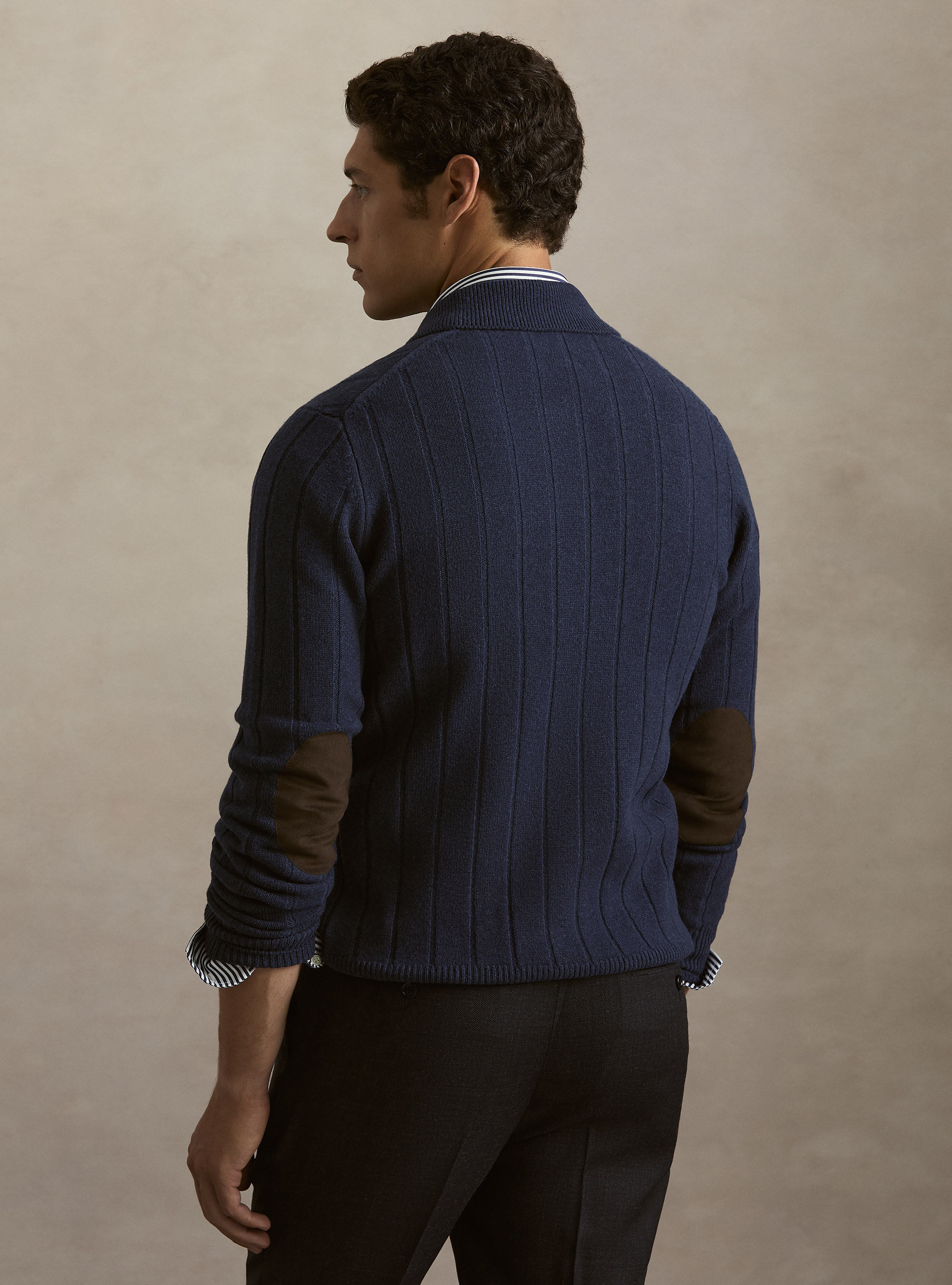 Full-zip wool-cashmere flat-ribbed sweater, INK