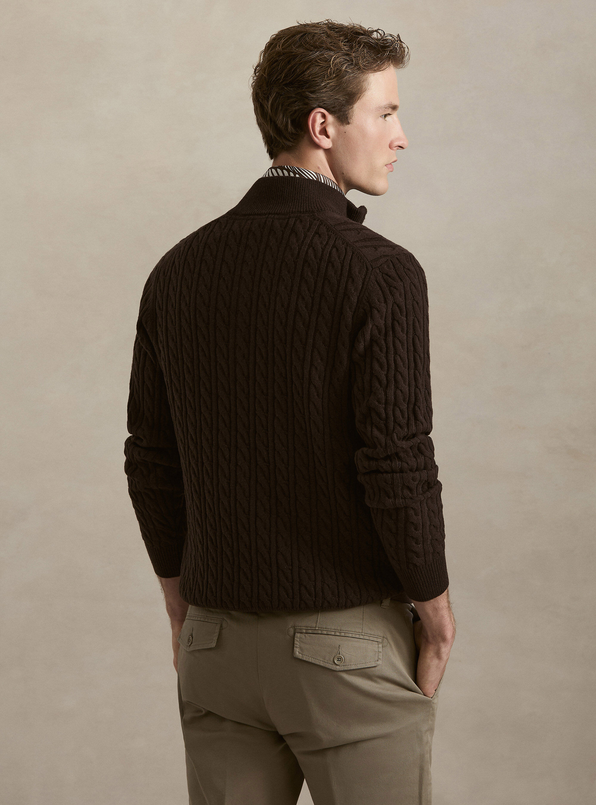 Maglia collo mock con trecca in misto lana, MARRONE