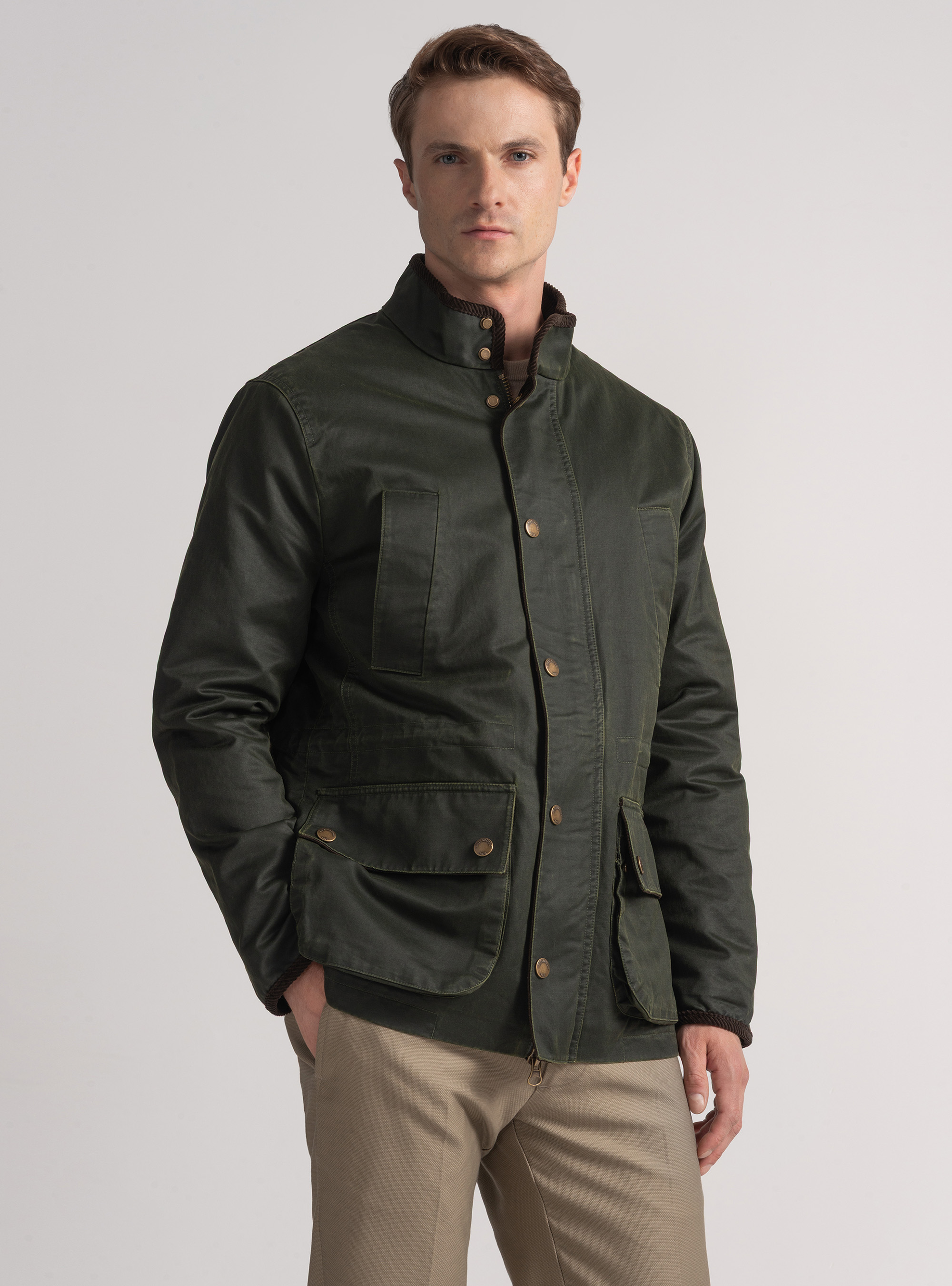 Waxed cotton canvas field jacket, GREEN