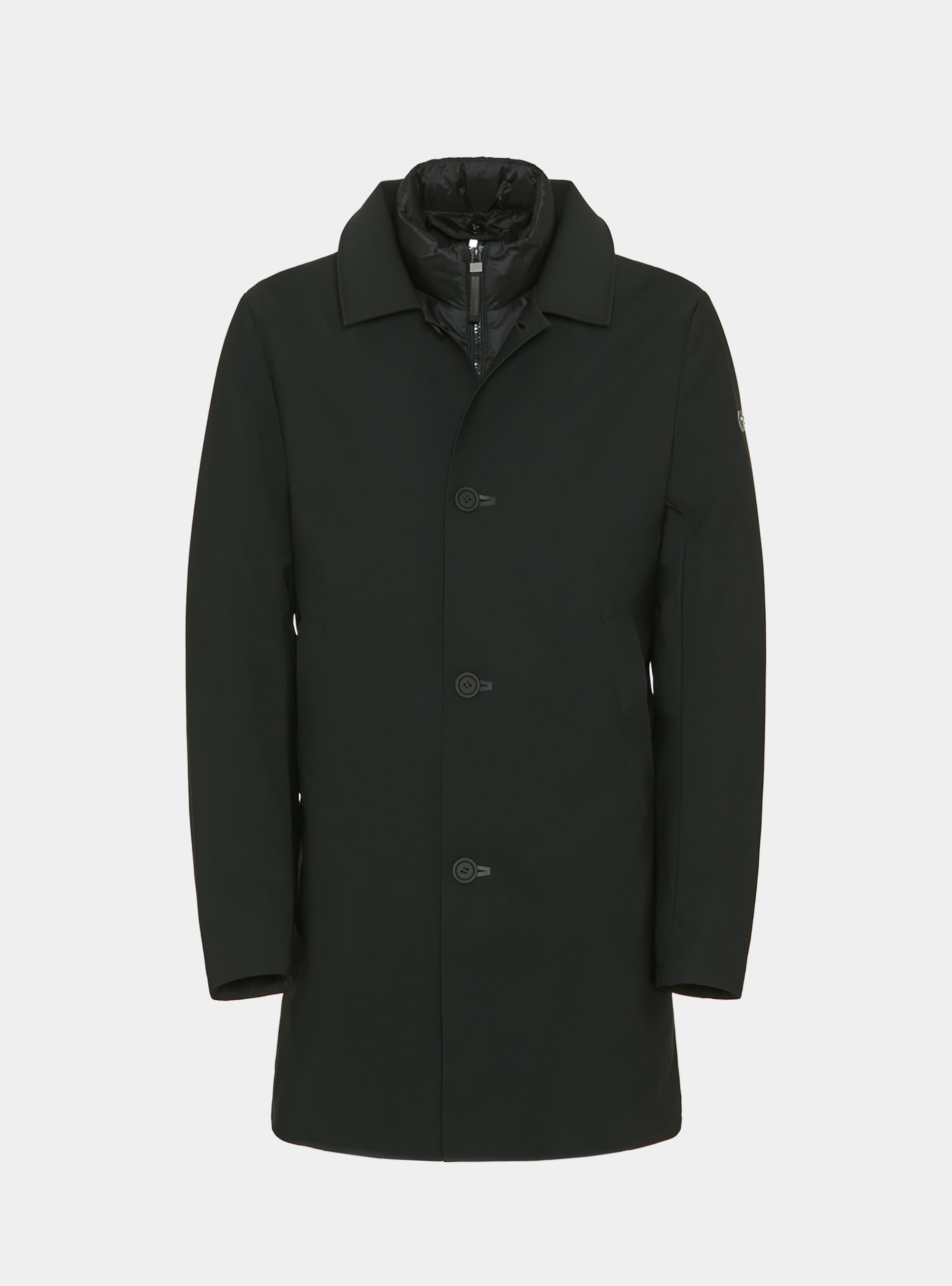 Long padded jacket with removable bib, BLACK