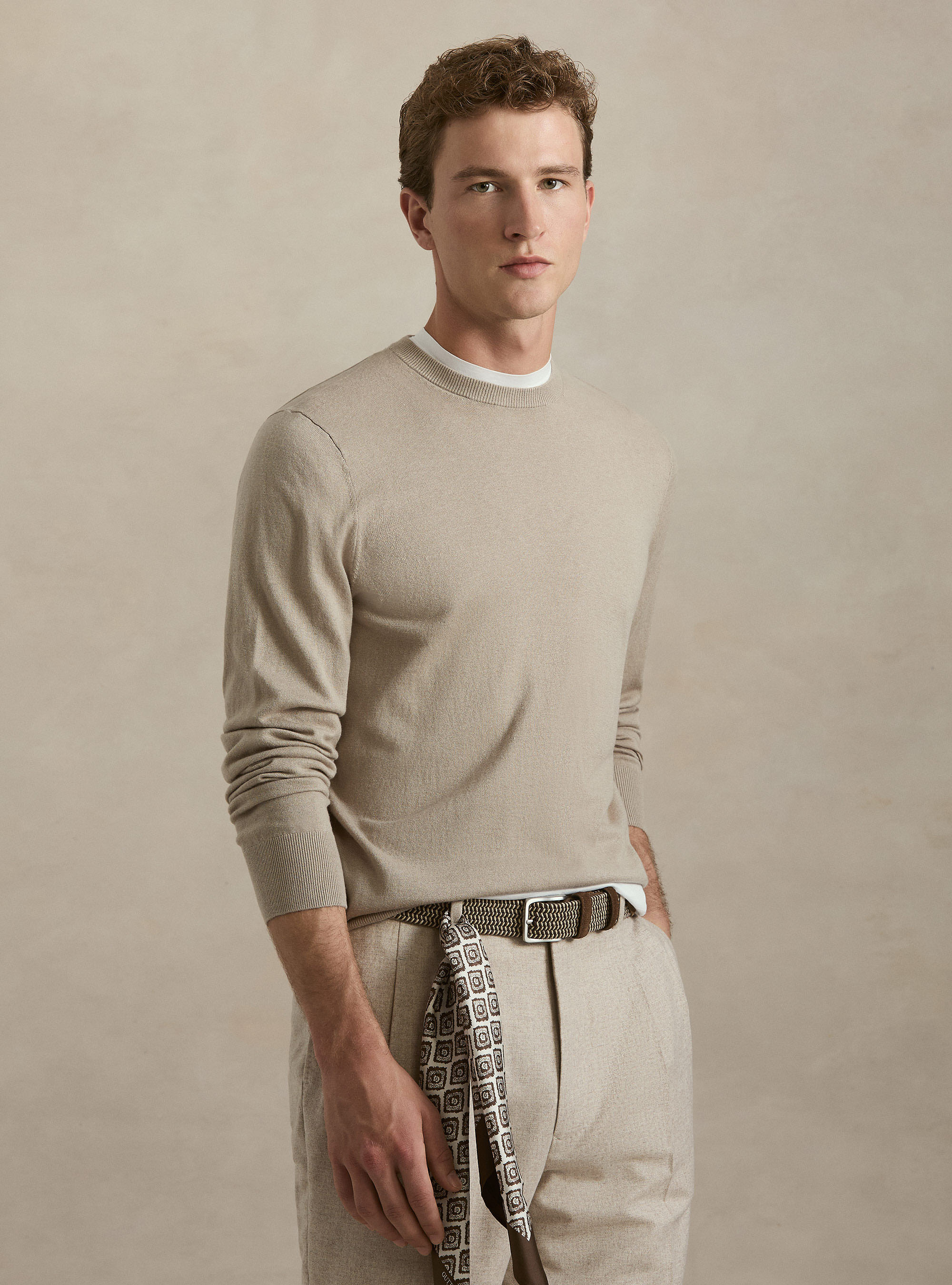 Cotton, silk and cashmere blend crewneck sweater, SAND
