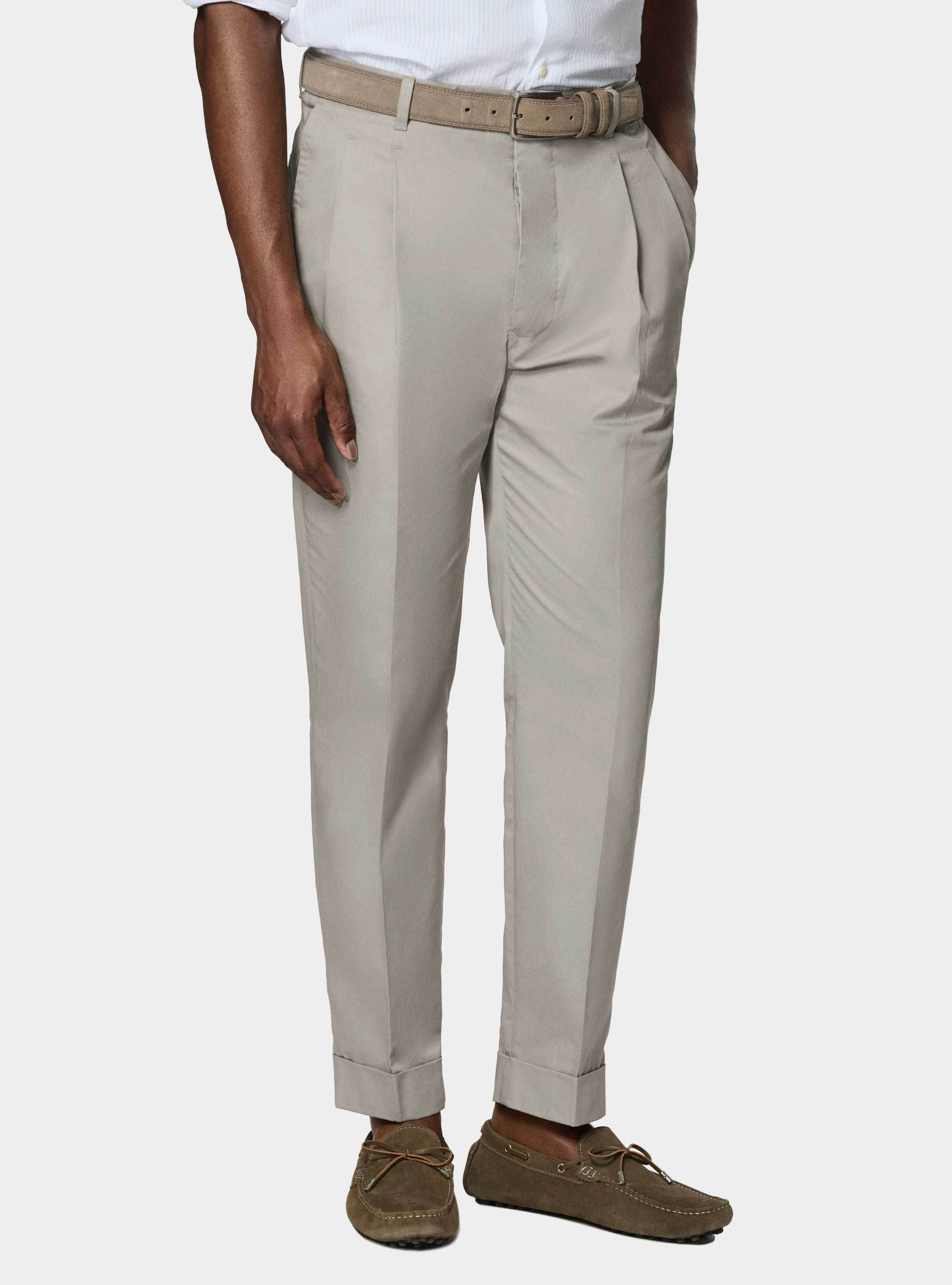 Pantaloni con pince in cotone popeline, ECRU