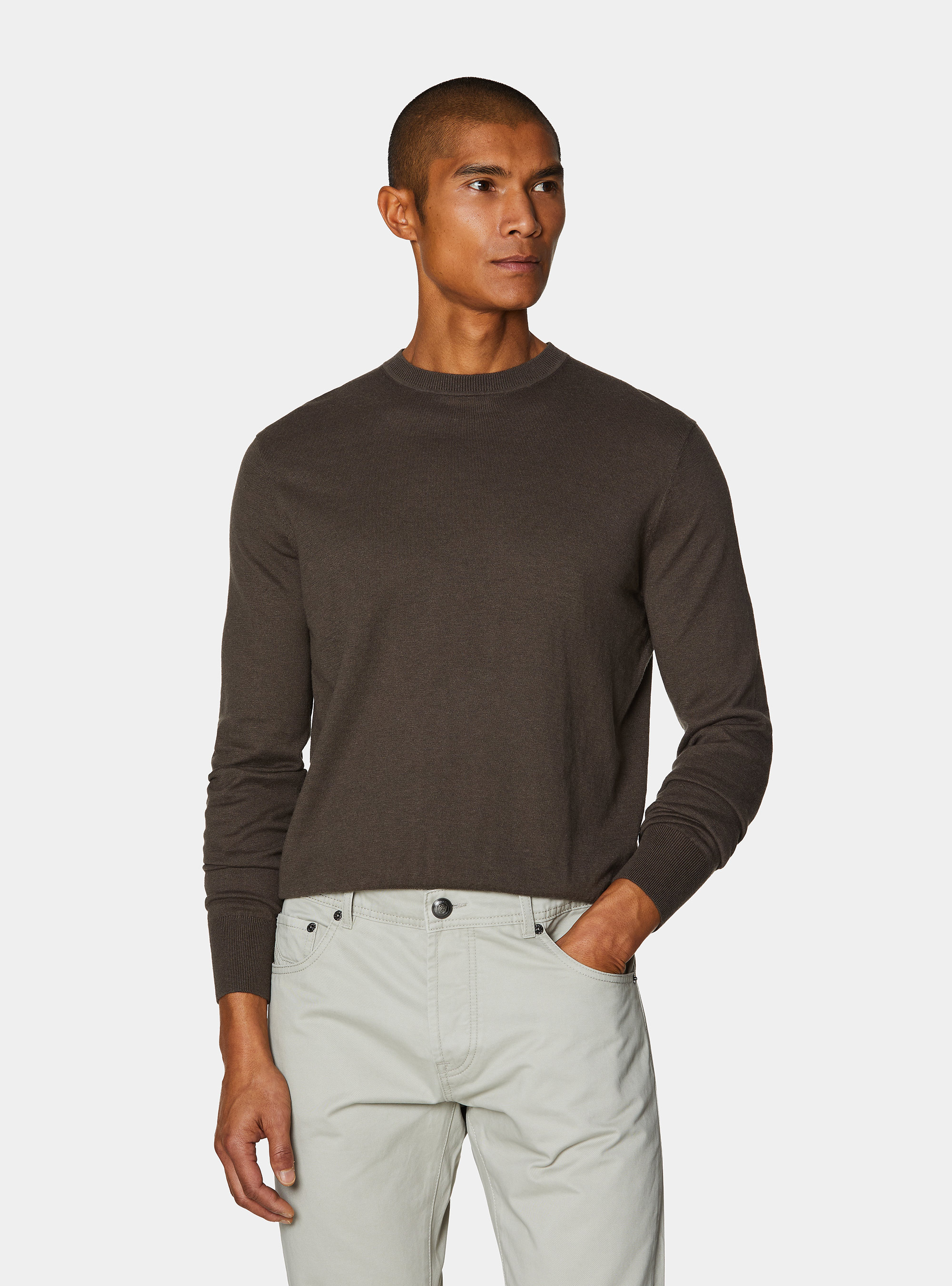 Cotton silk and cashmere crew neck sweater, BROWN