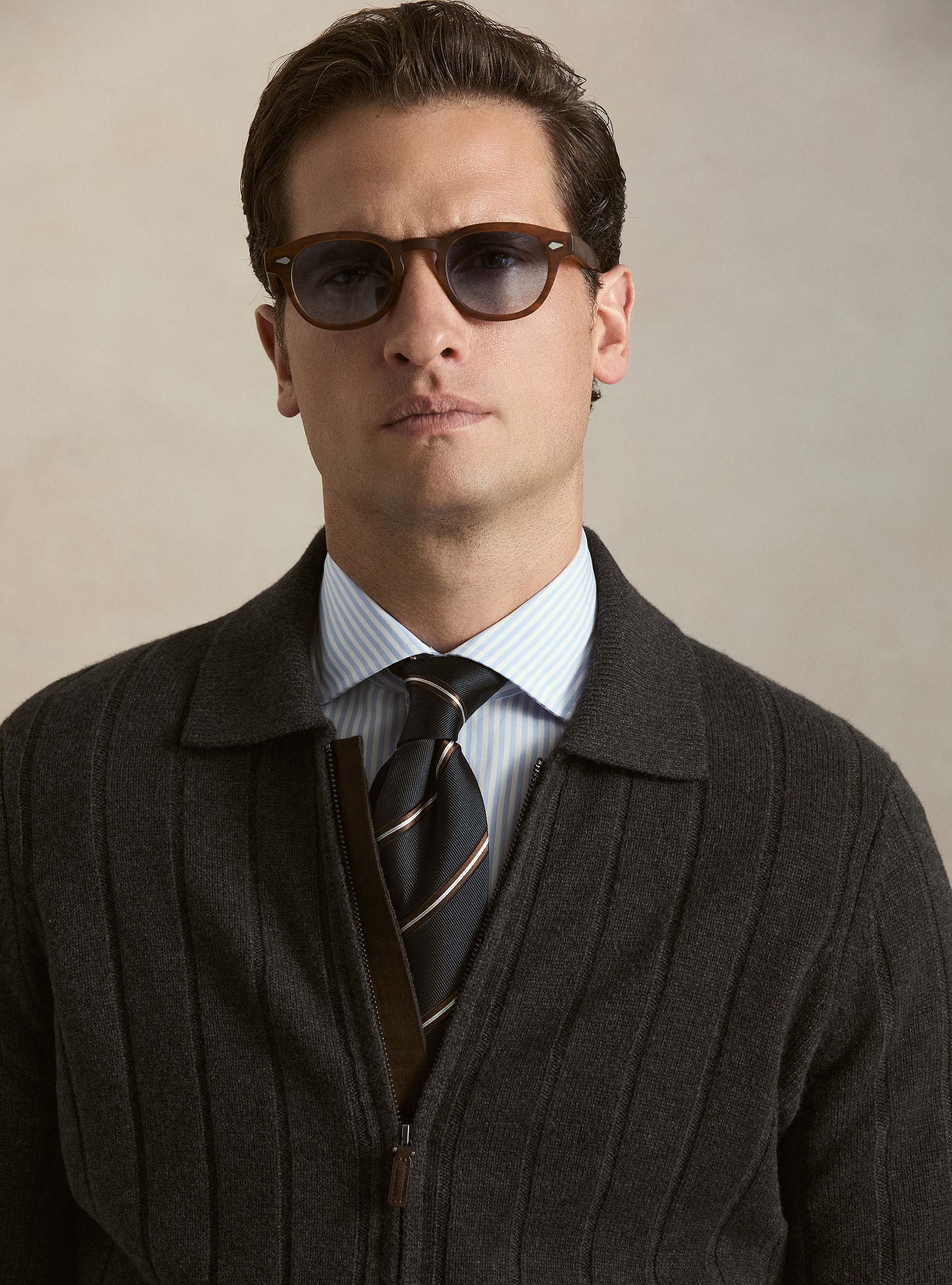 Maglia full zip con colletto in lana e cashmere a costa piatta, ASFALTO