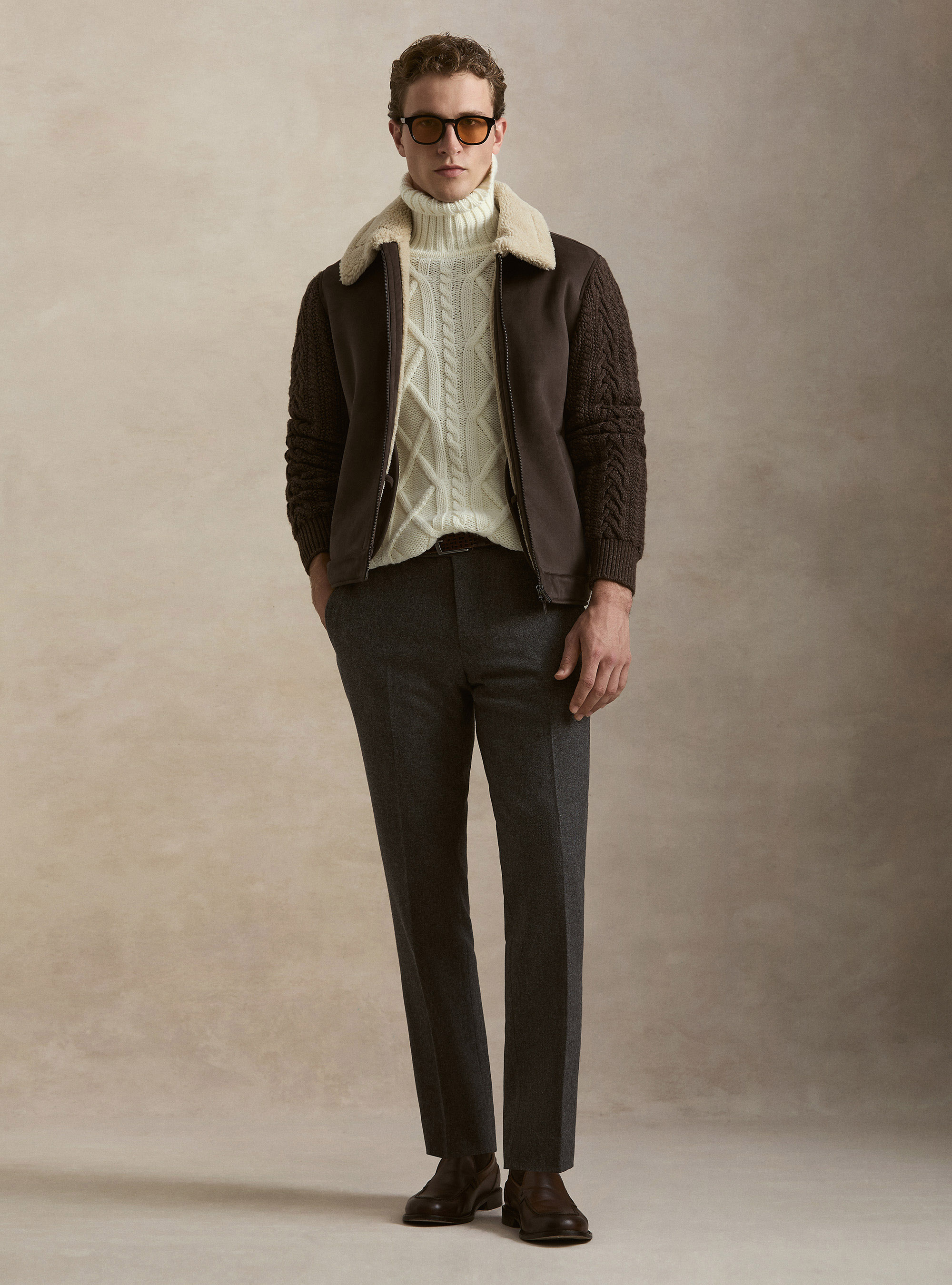 Montone effetto suede con maniche in maglia, MARRONE