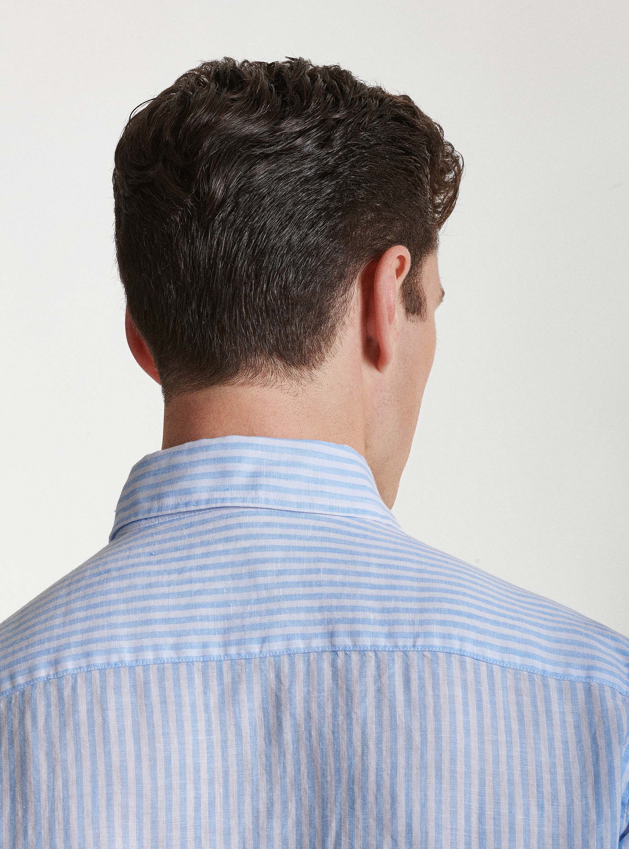 Camicia collo semi francese in puro lino rigato, AZZURRO