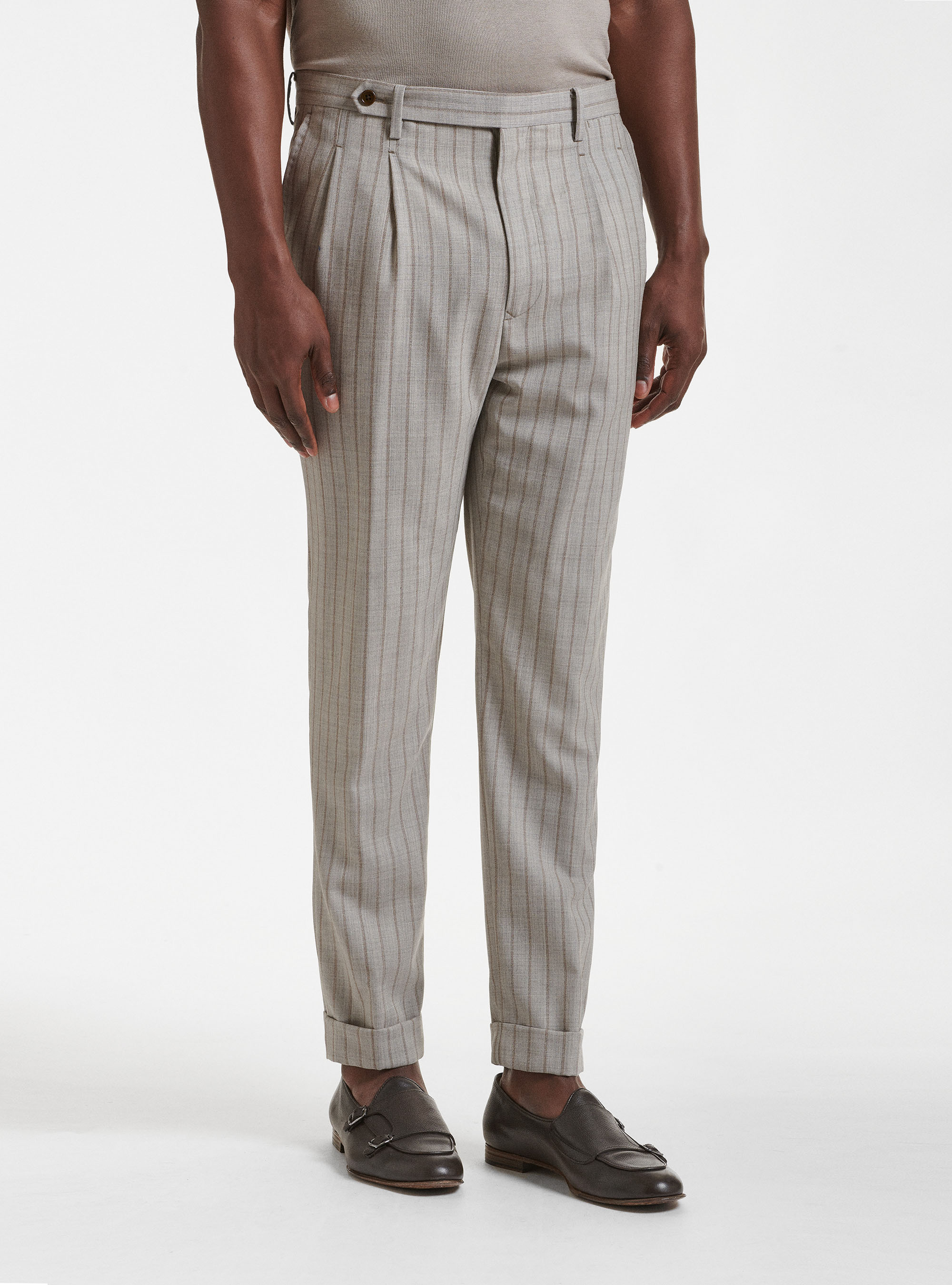 Pantaloni con doppia pince in pura lana rigata, SABBIA