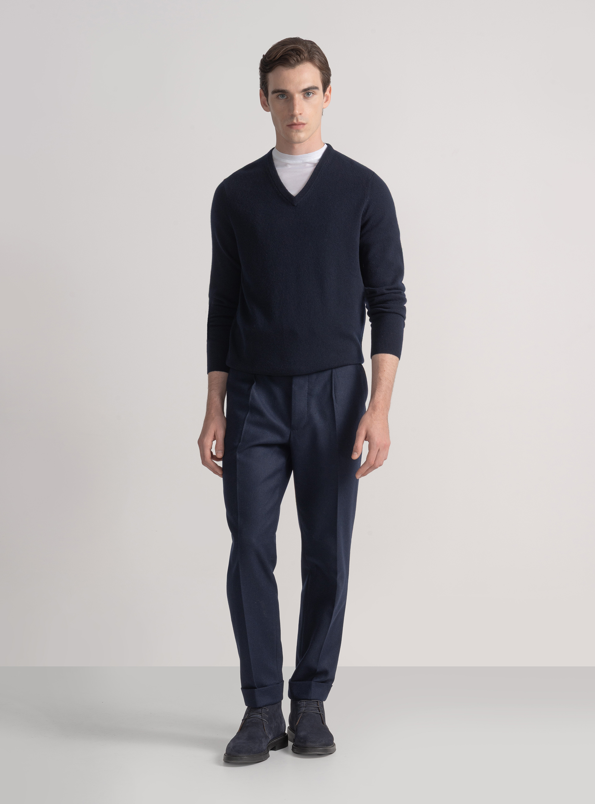 Maglia scollo a V in lana merino, BLU NAVY