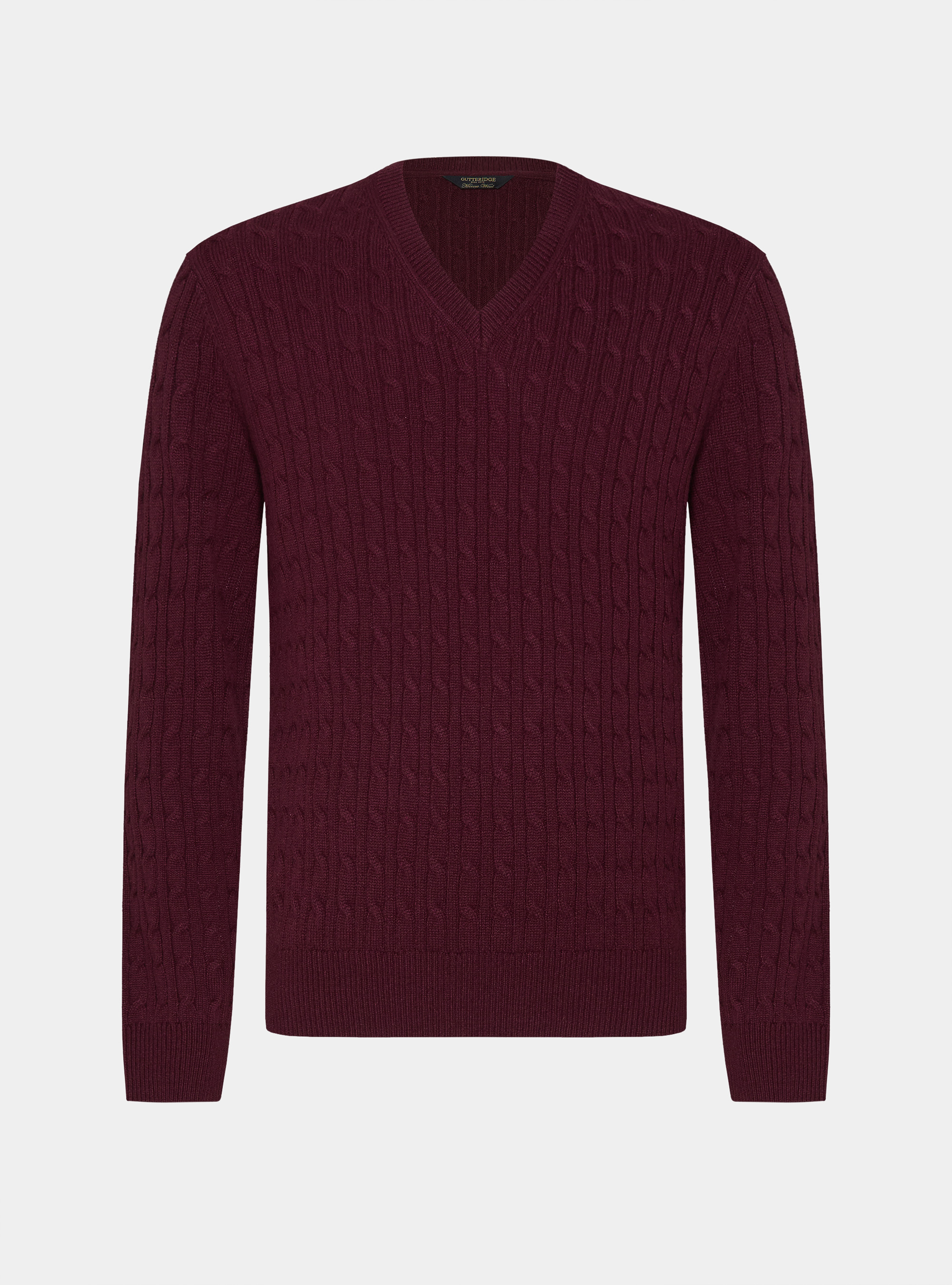 Merino wool V-neck sweater with braid, BORDEAUX