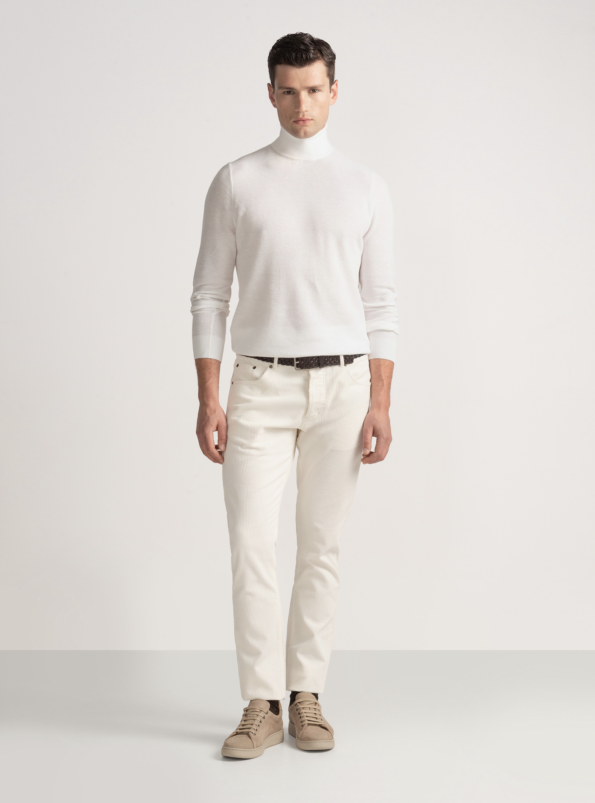Cotton cashmere honeycomb turtleneck, WHITE