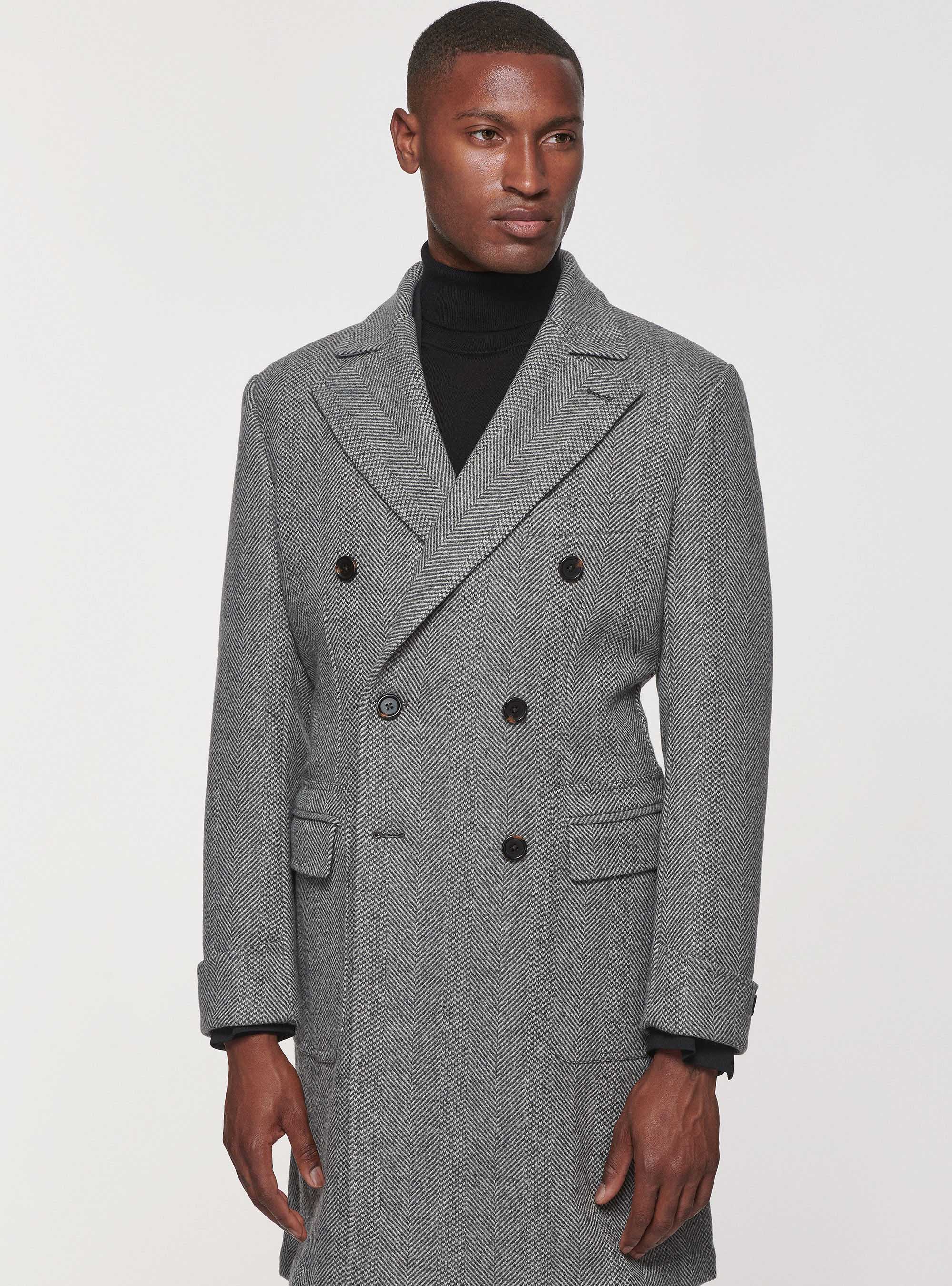 Double-breasted coat in herringbone wool blend, LIGHT GREY MELANGE