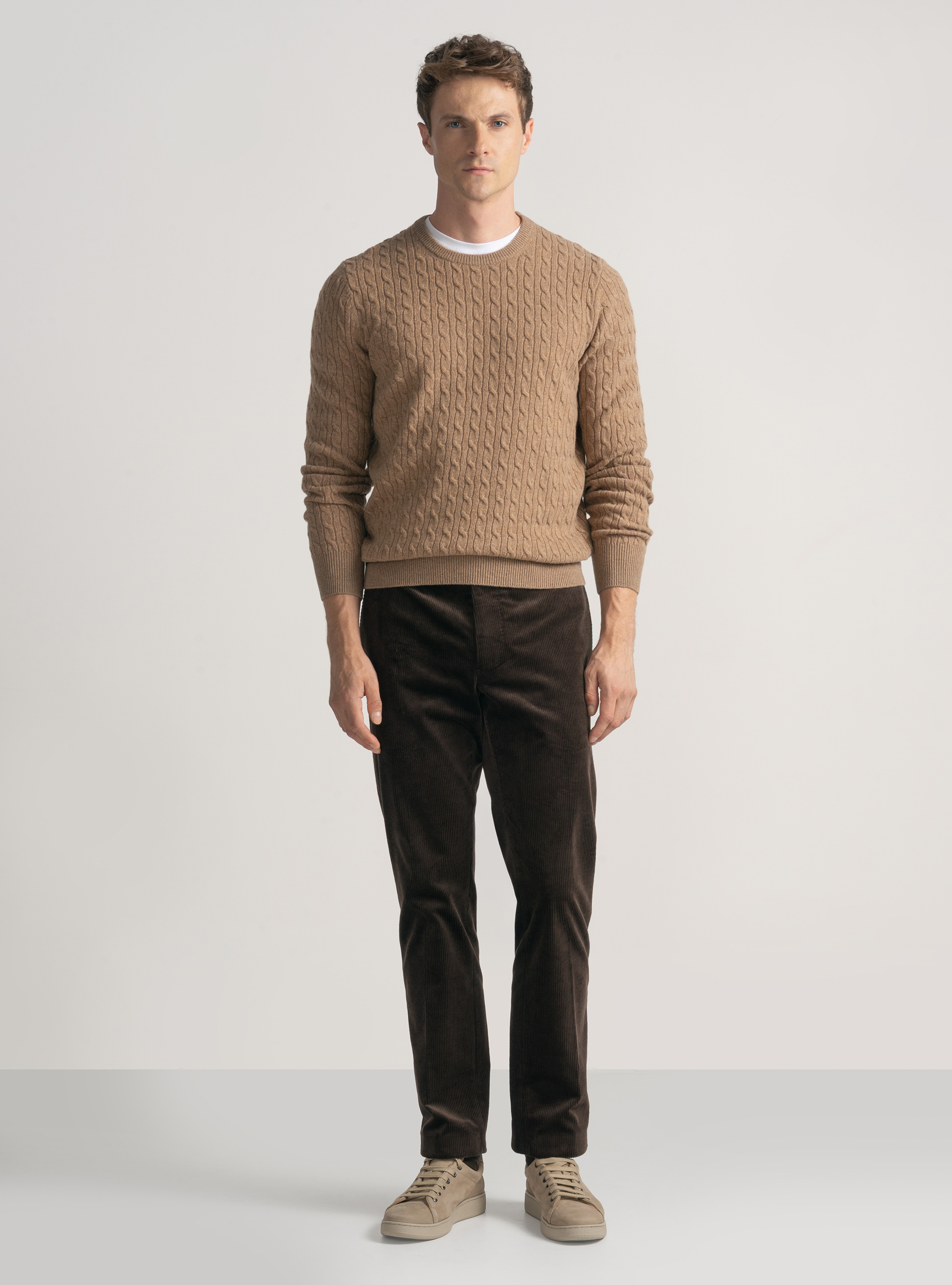 Maglia girocollo con treccia in lana e cashmere, CAMMELLO 0570C