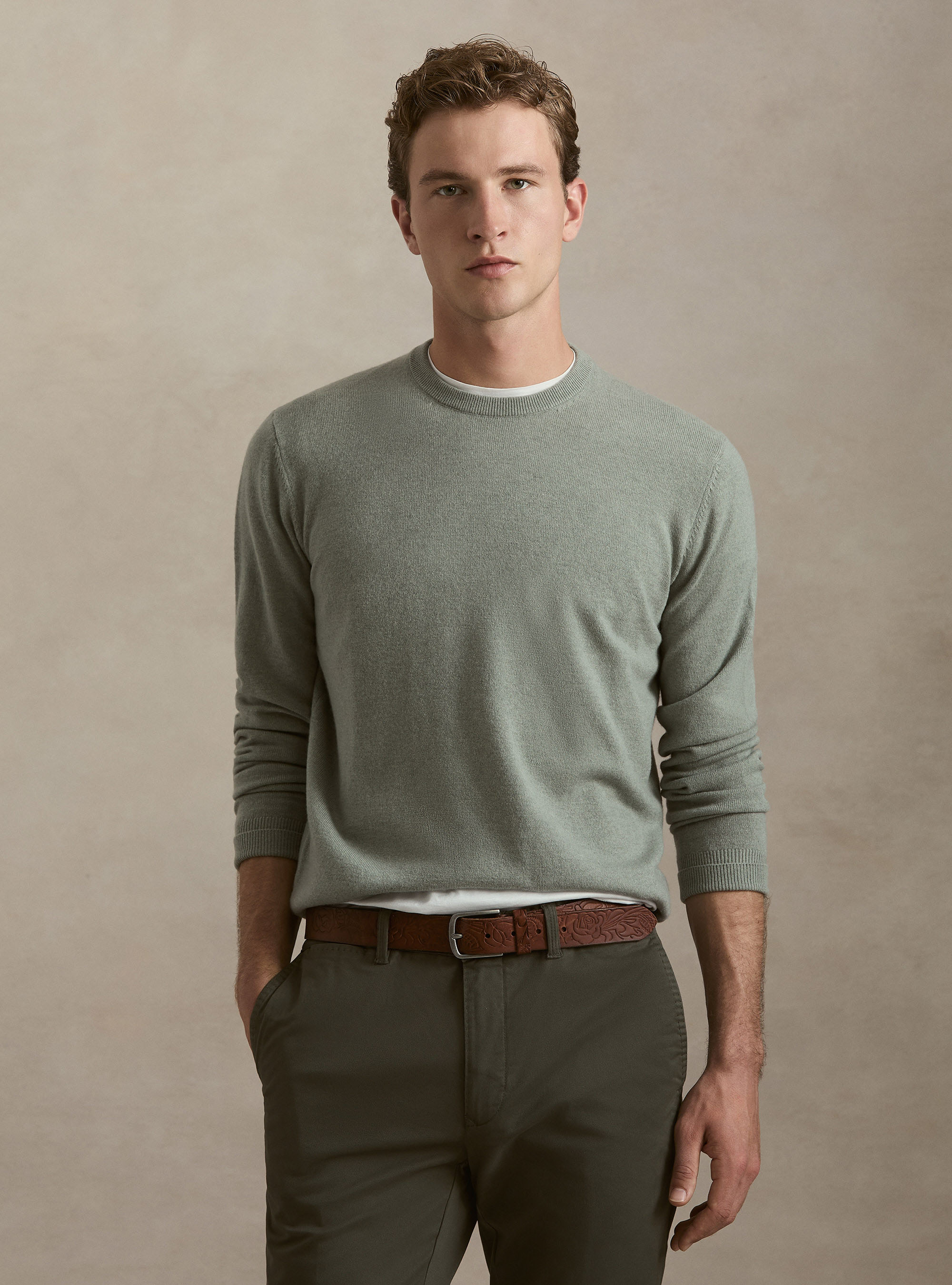 Rundhals-Pullover aus Lambswool und Kaschmir, VERDE GIADA 0655C