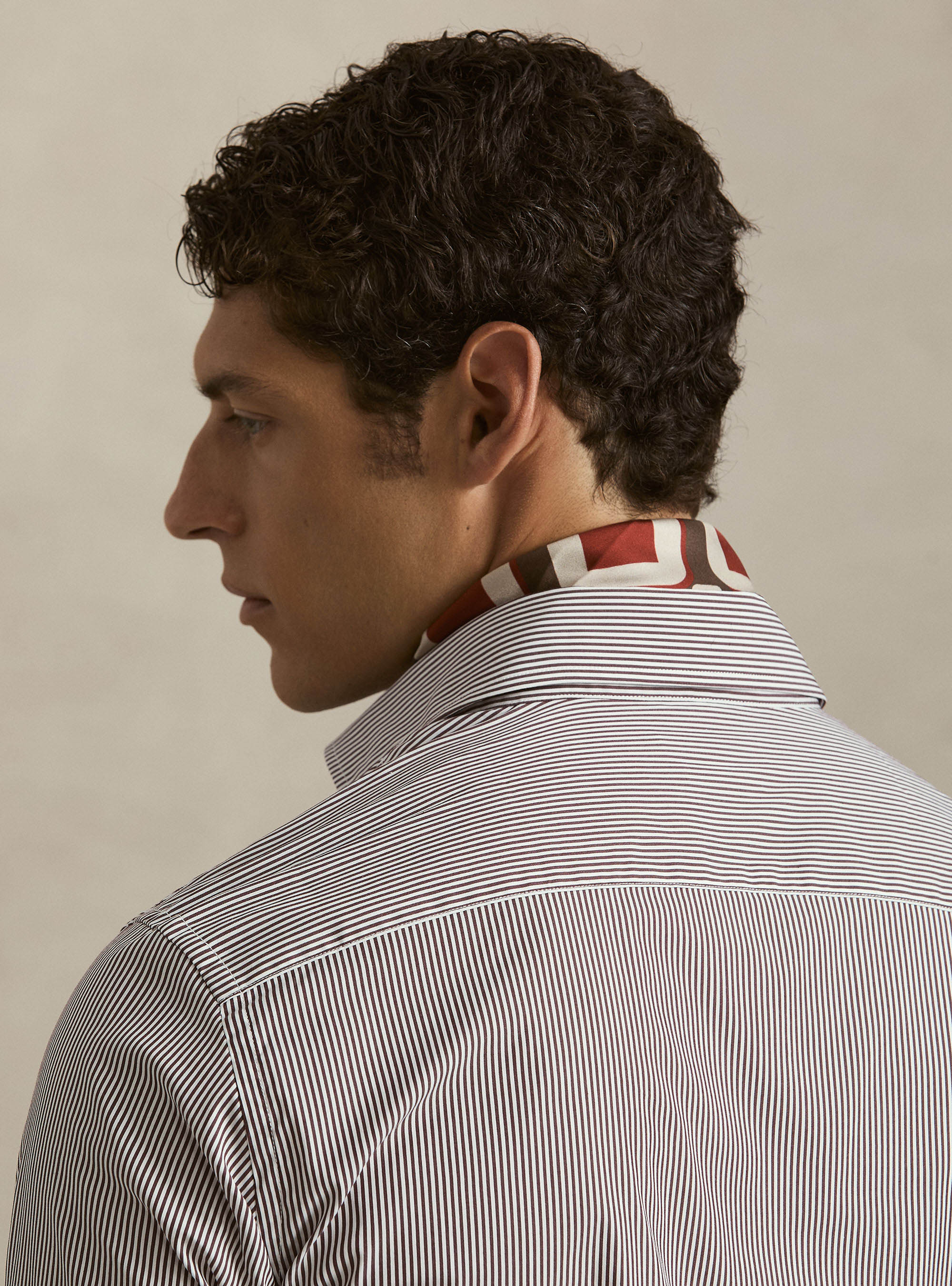 Camicia in cotone rigato popeline stretch, MARRONE