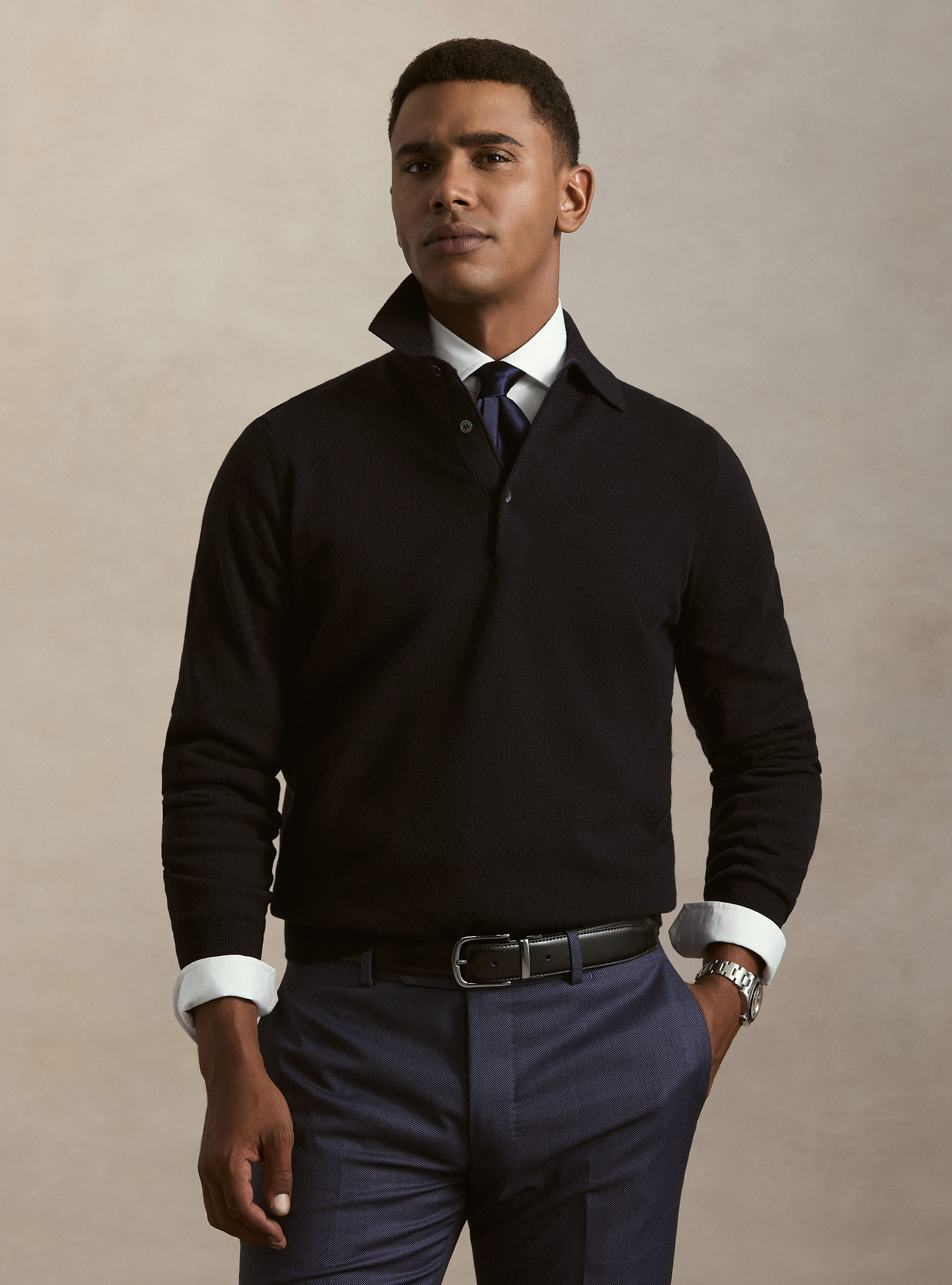Long-sleeve polo shirt made of pure cashmere, NAVY BLUE