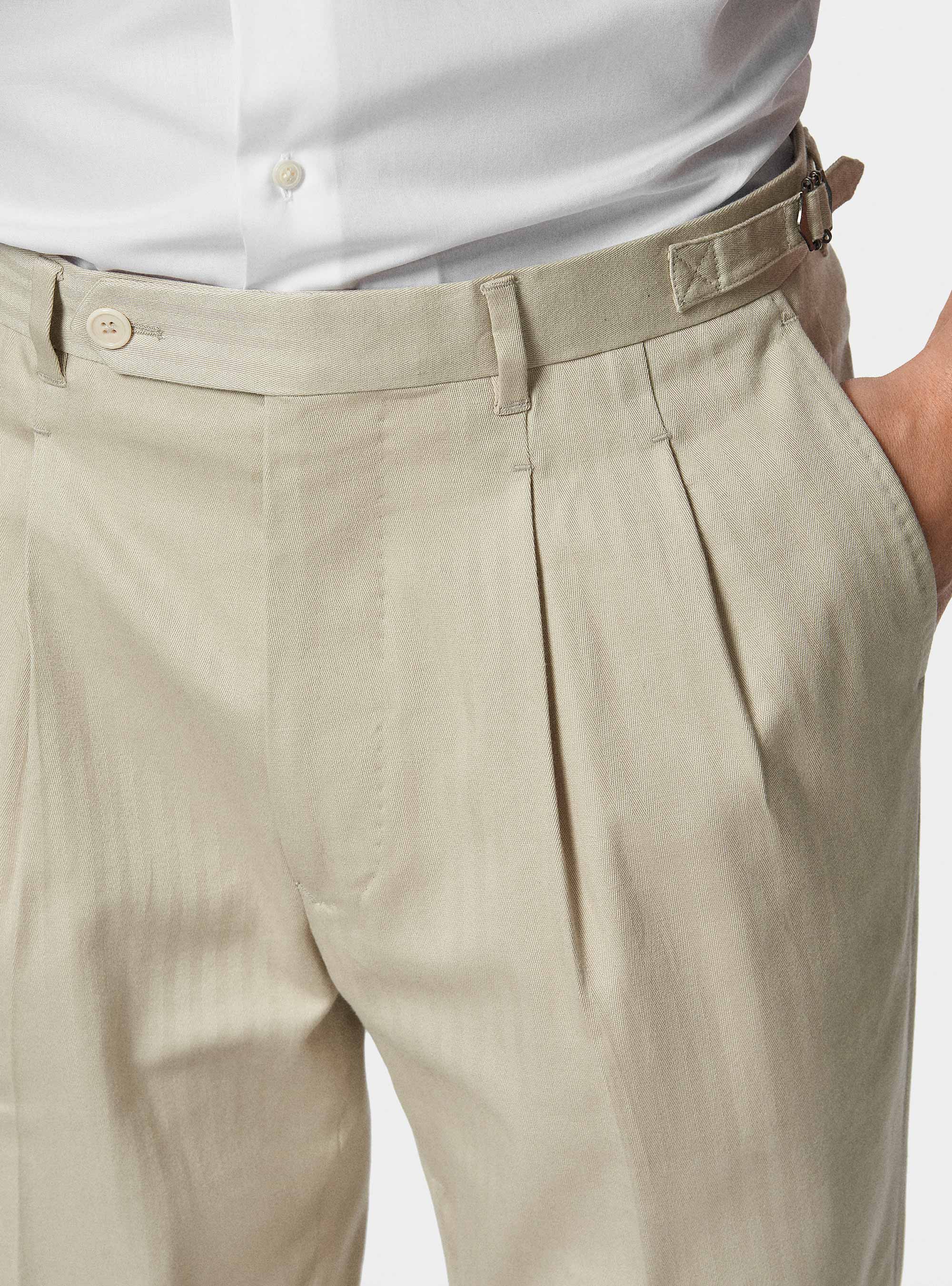 Pantaloni abito doppiopetto in cotone e lino, ECRU