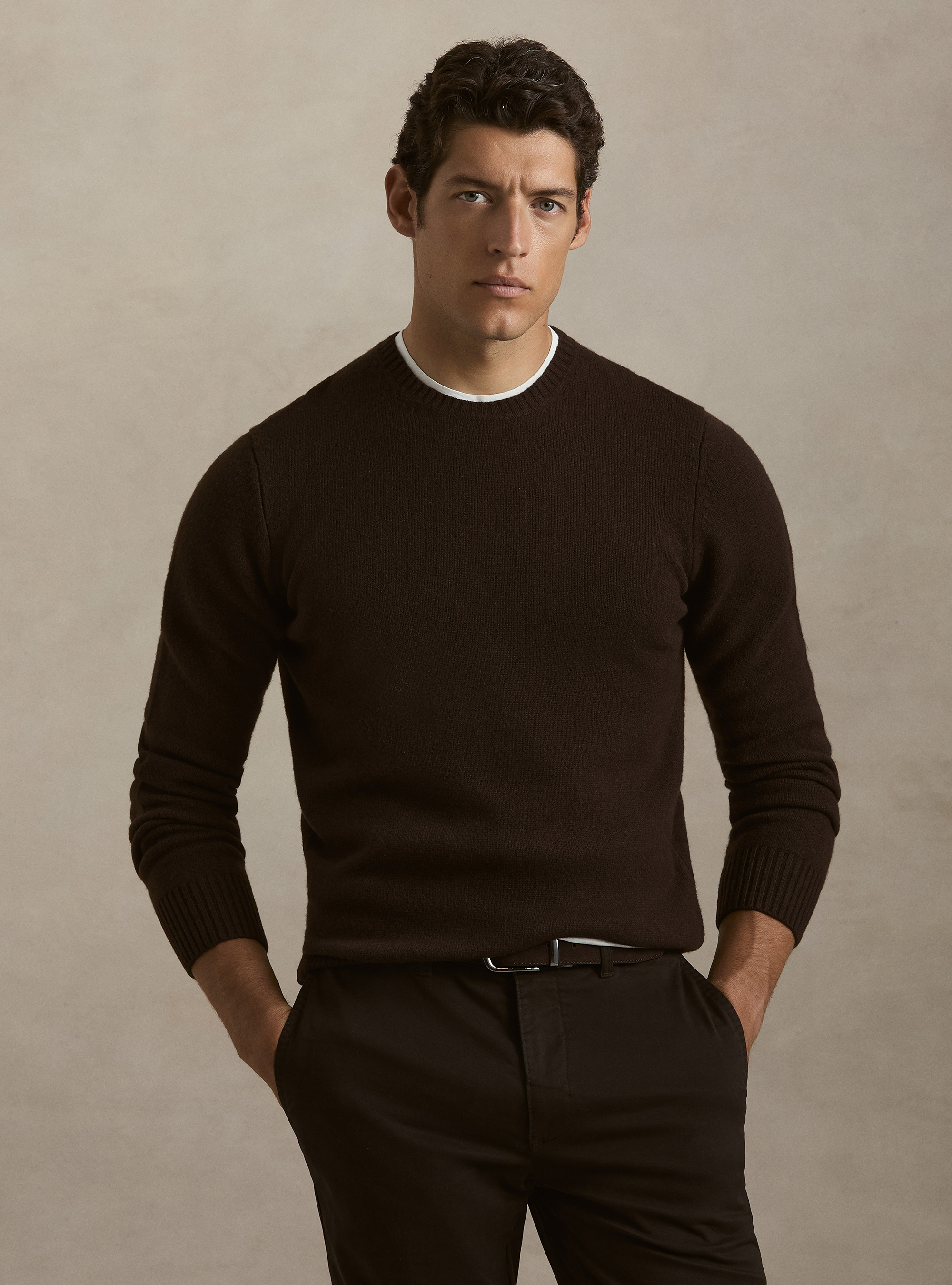 Maglia girocollo in misto lana e cashmere, MARRONE