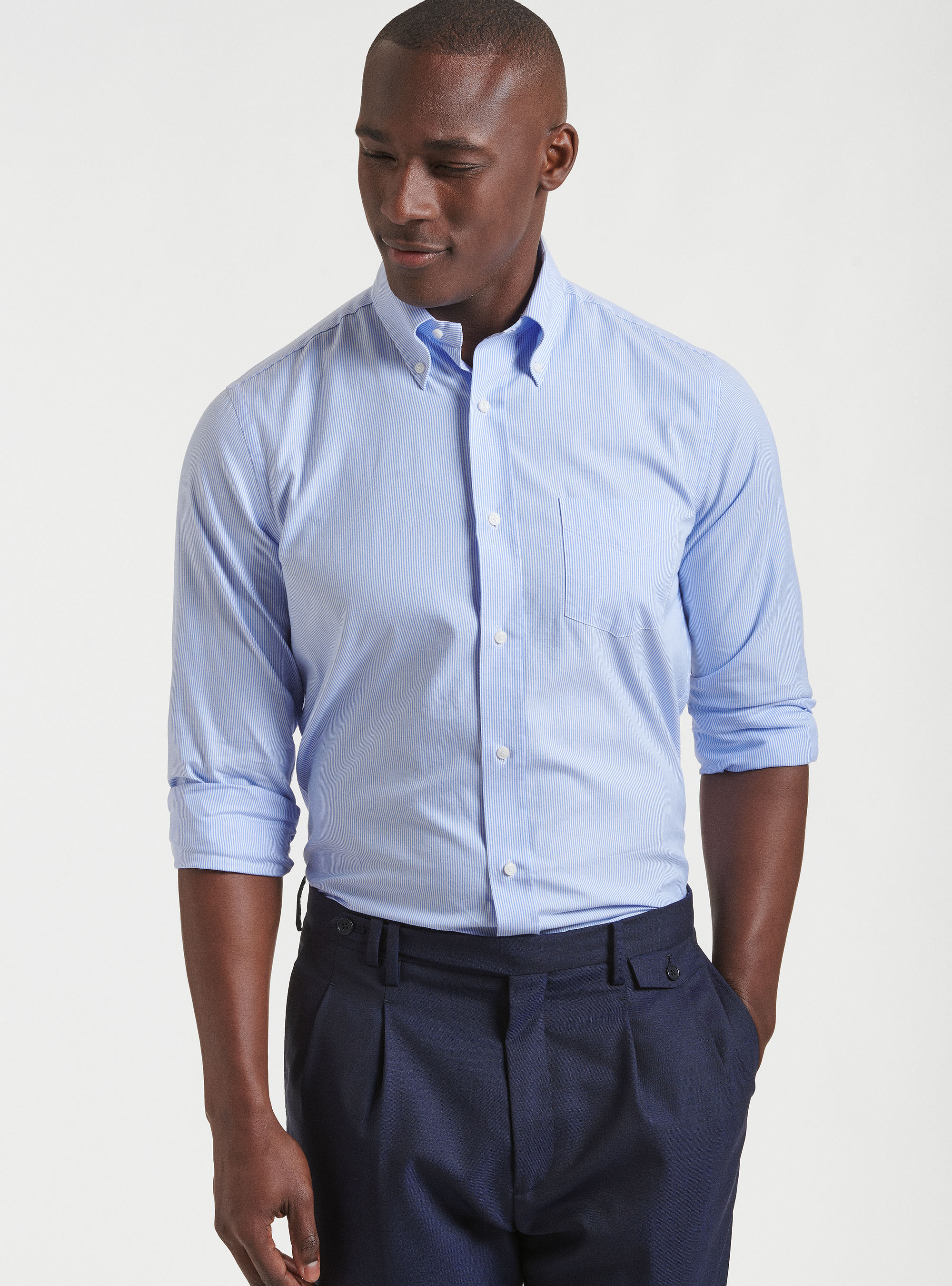 Camicia collo button down in oxford di cotone doppio ritorto, AZZURRO