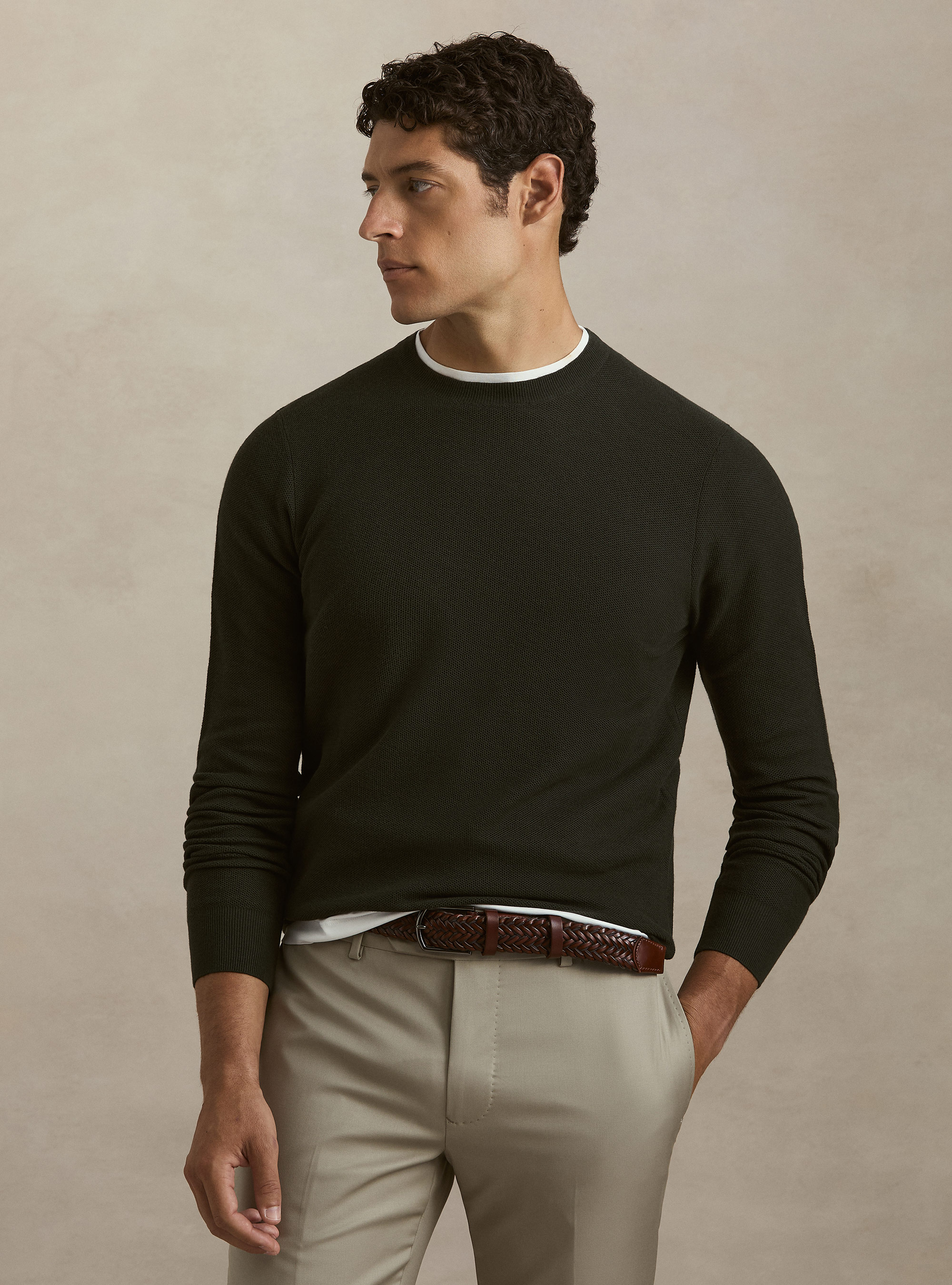Pull col rond en coton et cachemire maille nid d'abeille, MILITARE 0609C