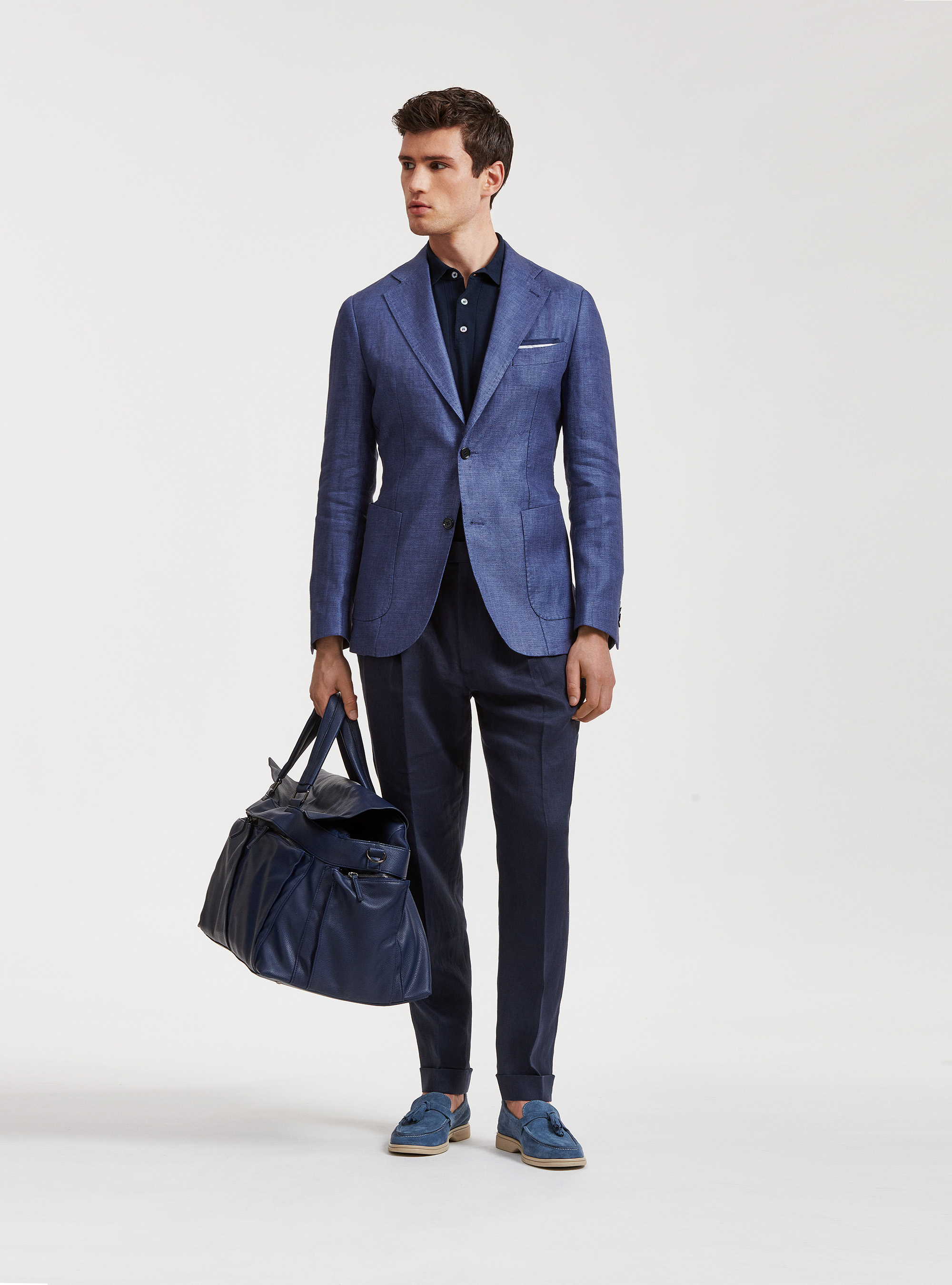 Giacca in puro lino hopsack, BLU