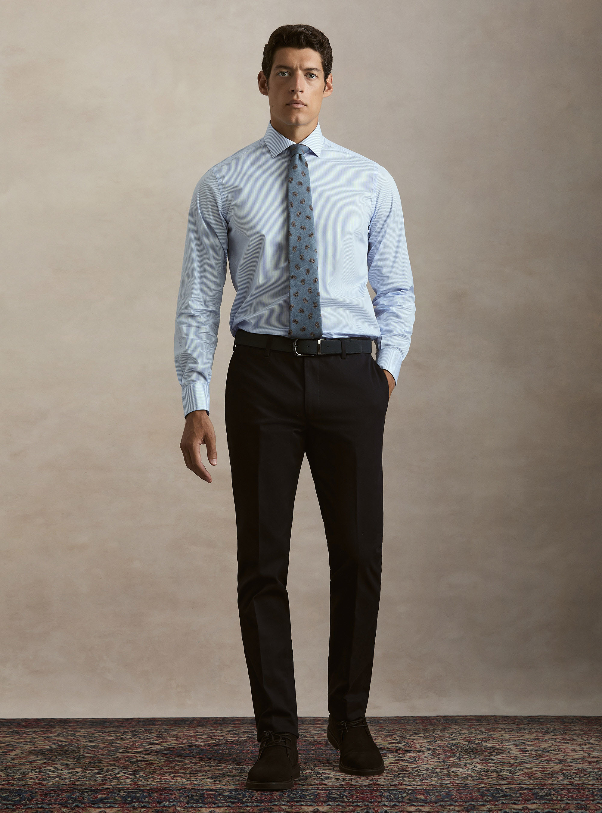Camicia in cotone rigato popeline stretch, AZZURRO