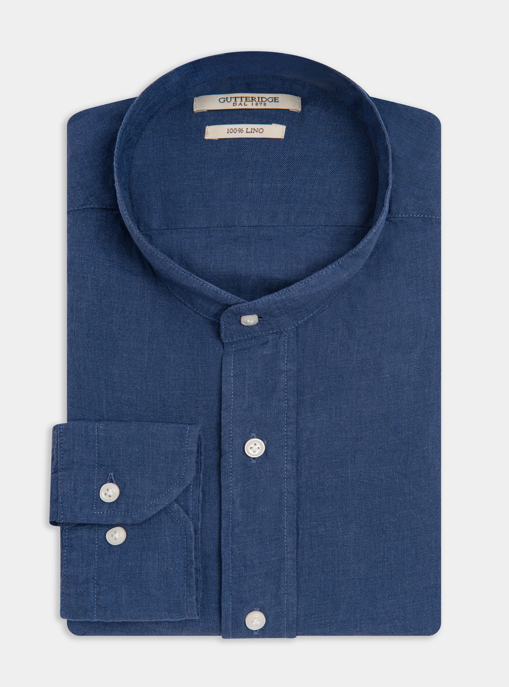 Camisa de cuello coreano en puro lino, 0243C DENIM